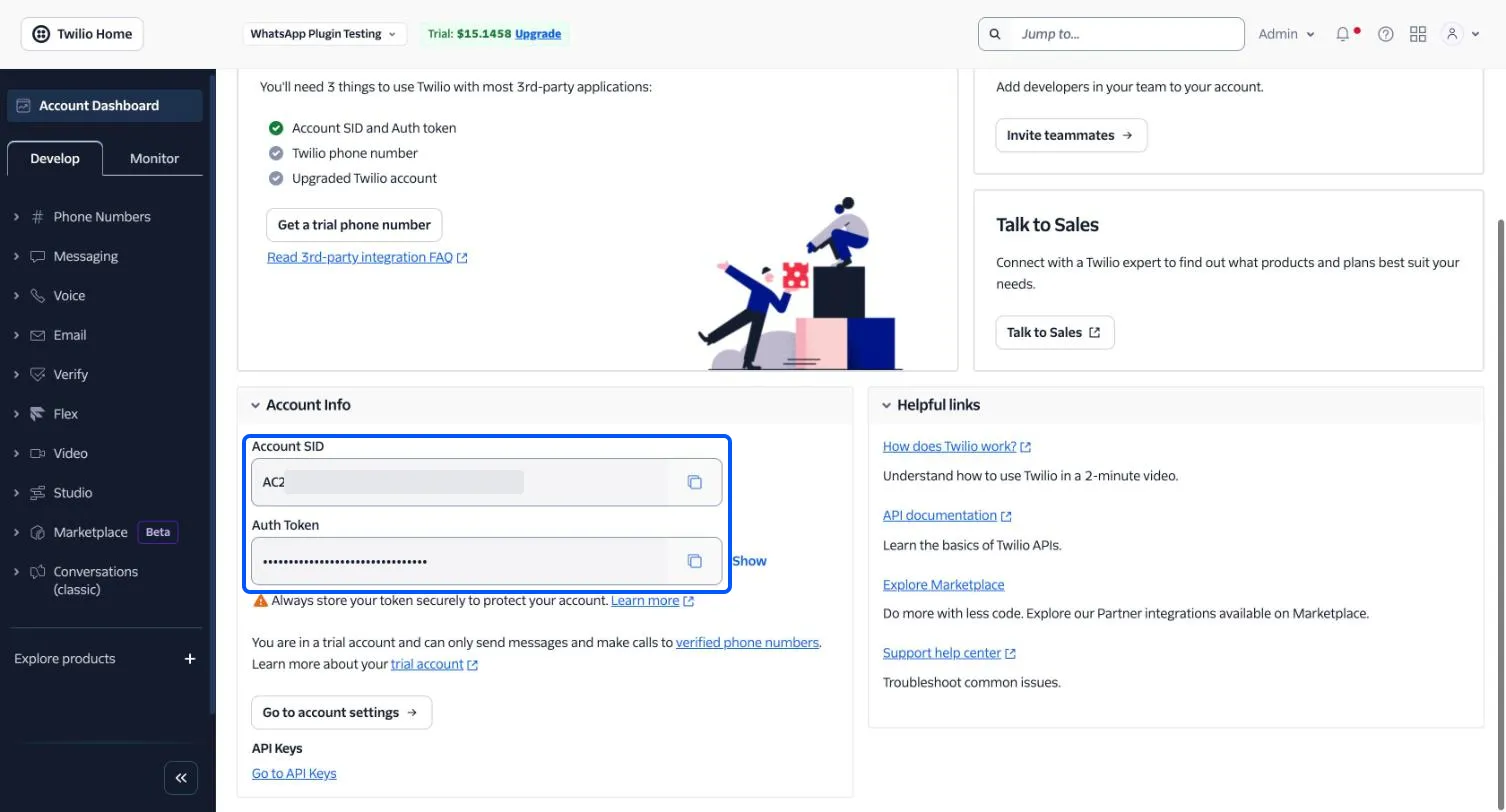 Account Info on the Twilio Account Dashboard with the Account SID and Auth Token