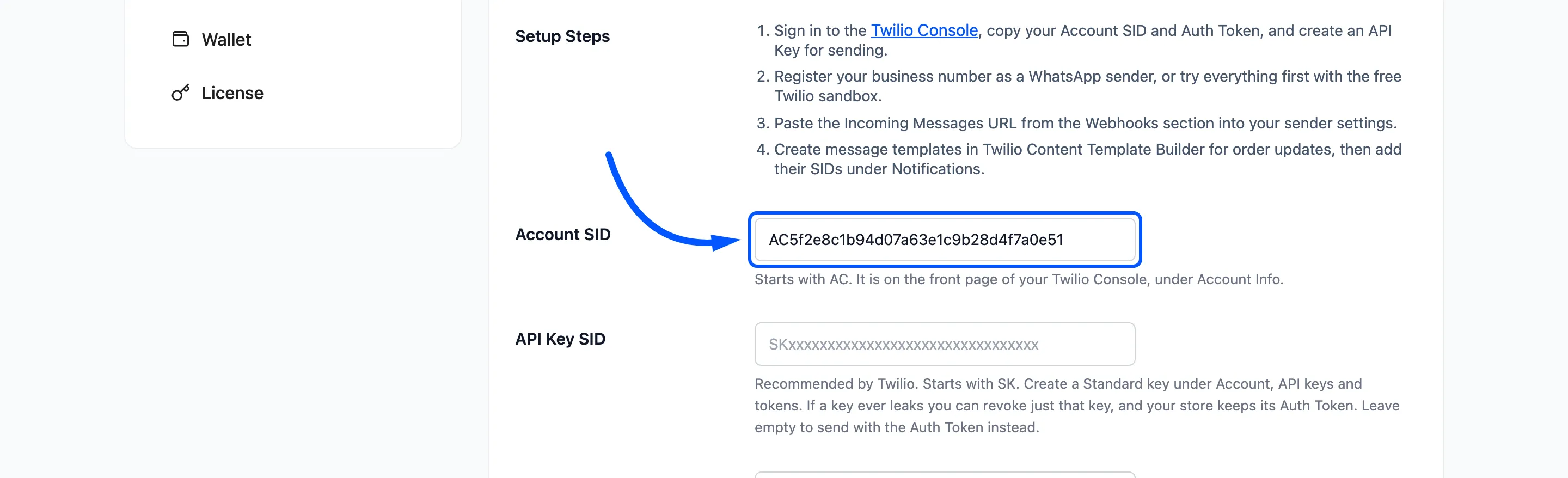 The Account SID field boxed on the Twilio tab