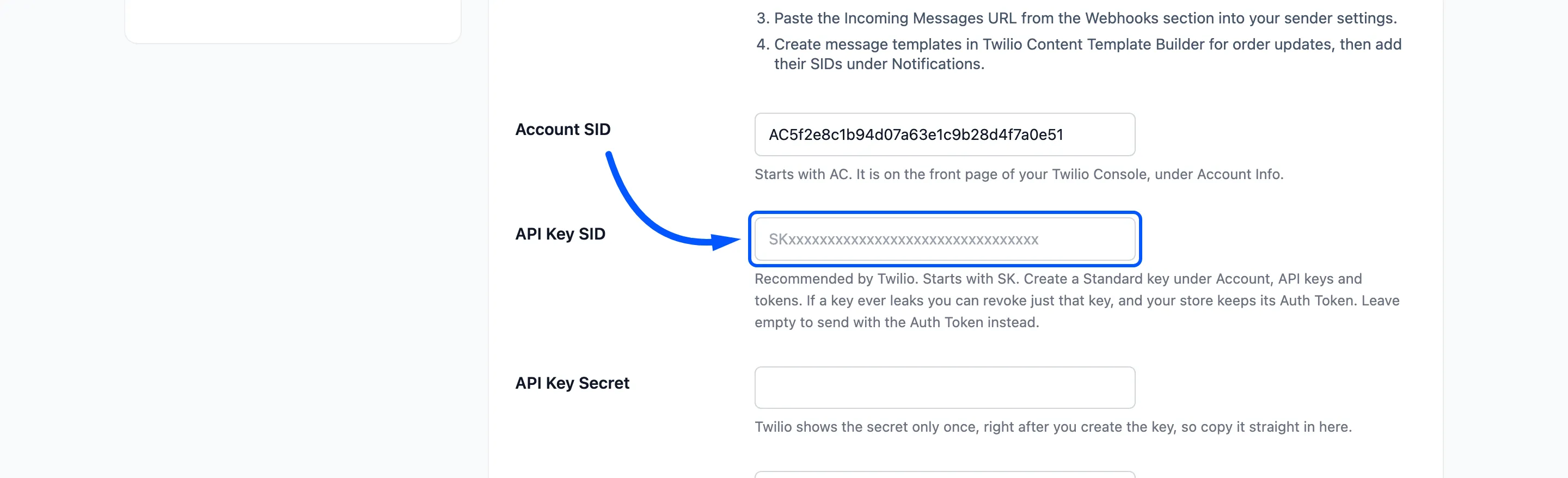 The API Key SID field boxed on the Twilio tab, with API Key Secret below it