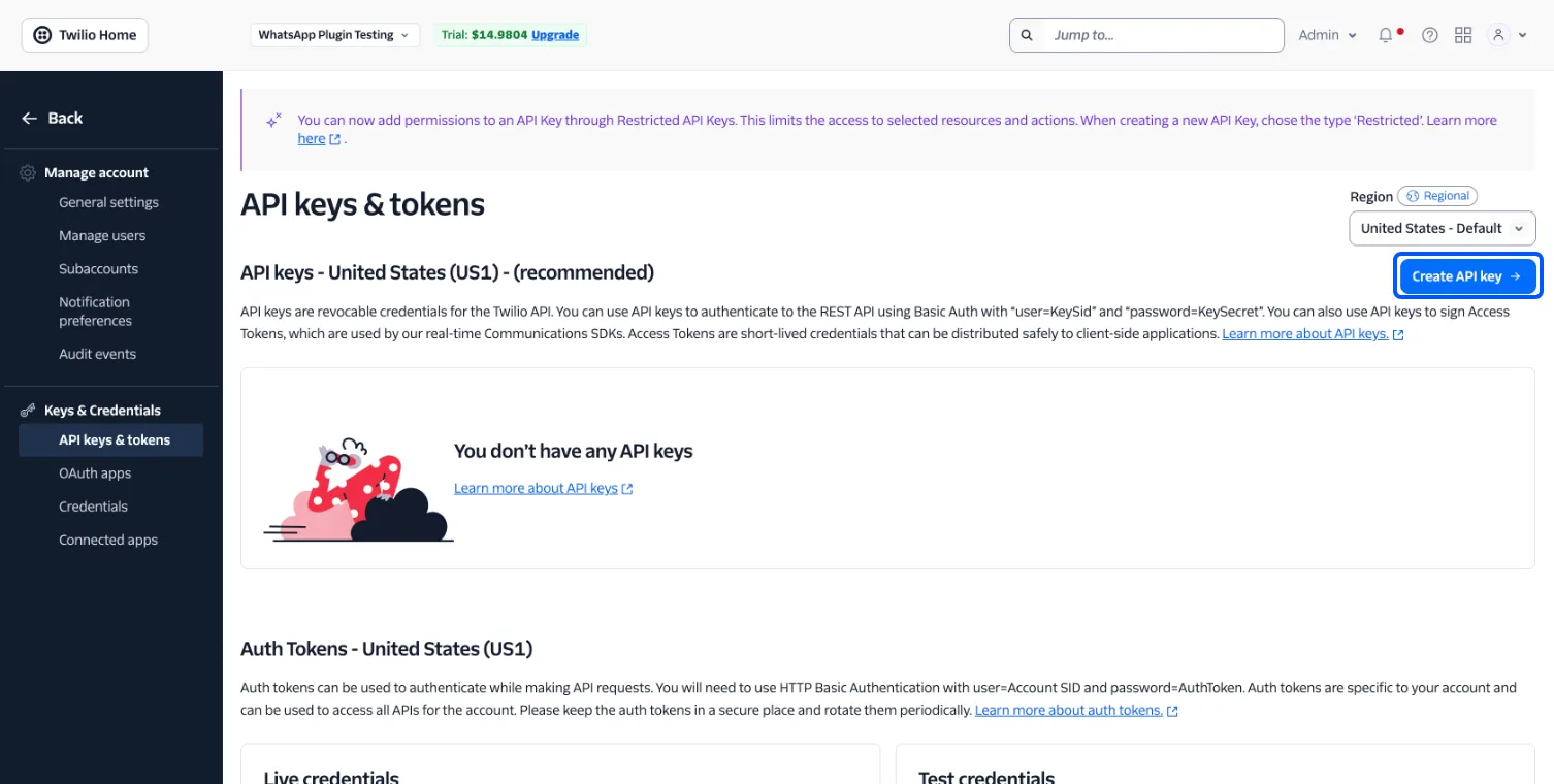 The API keys and tokens page with no keys yet and the Create API key button boxed