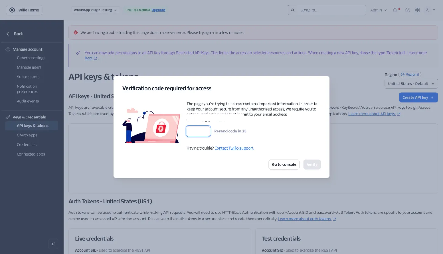 The Verification code required for access dialog over the API keys page