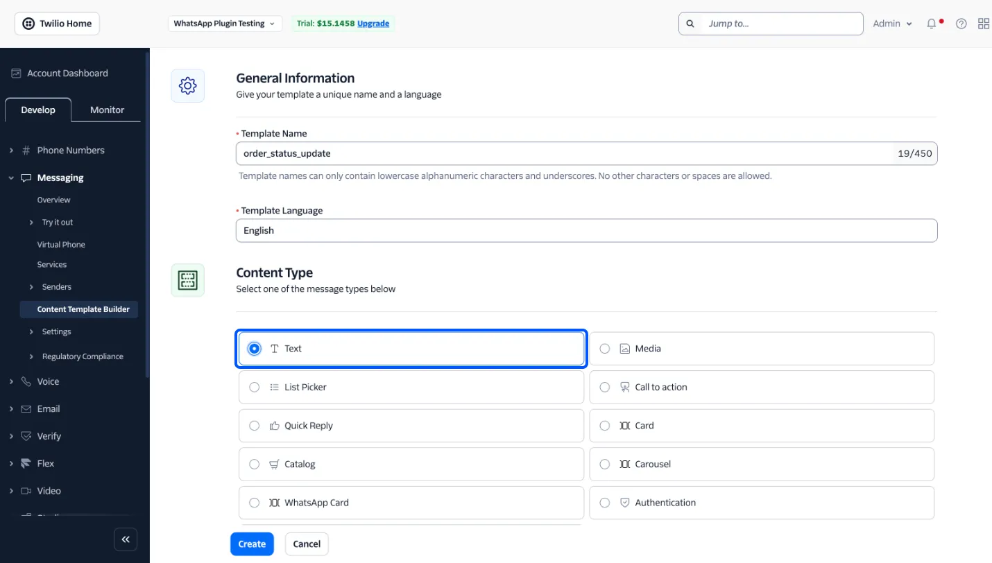 The new template form with the name, the English language and the Text type chosen