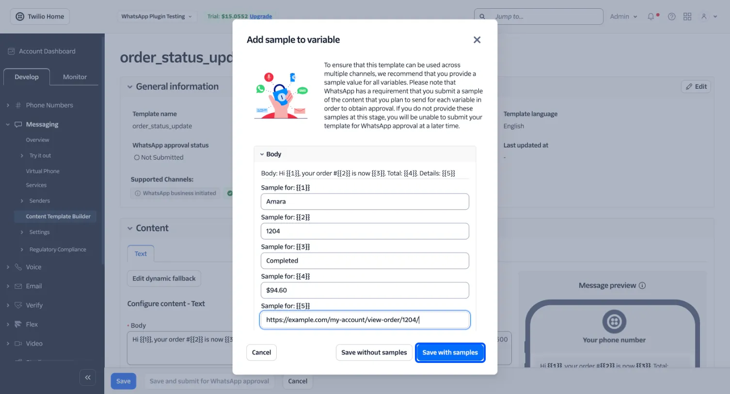 The Add sample to variable dialog with a sample for each of the five variables