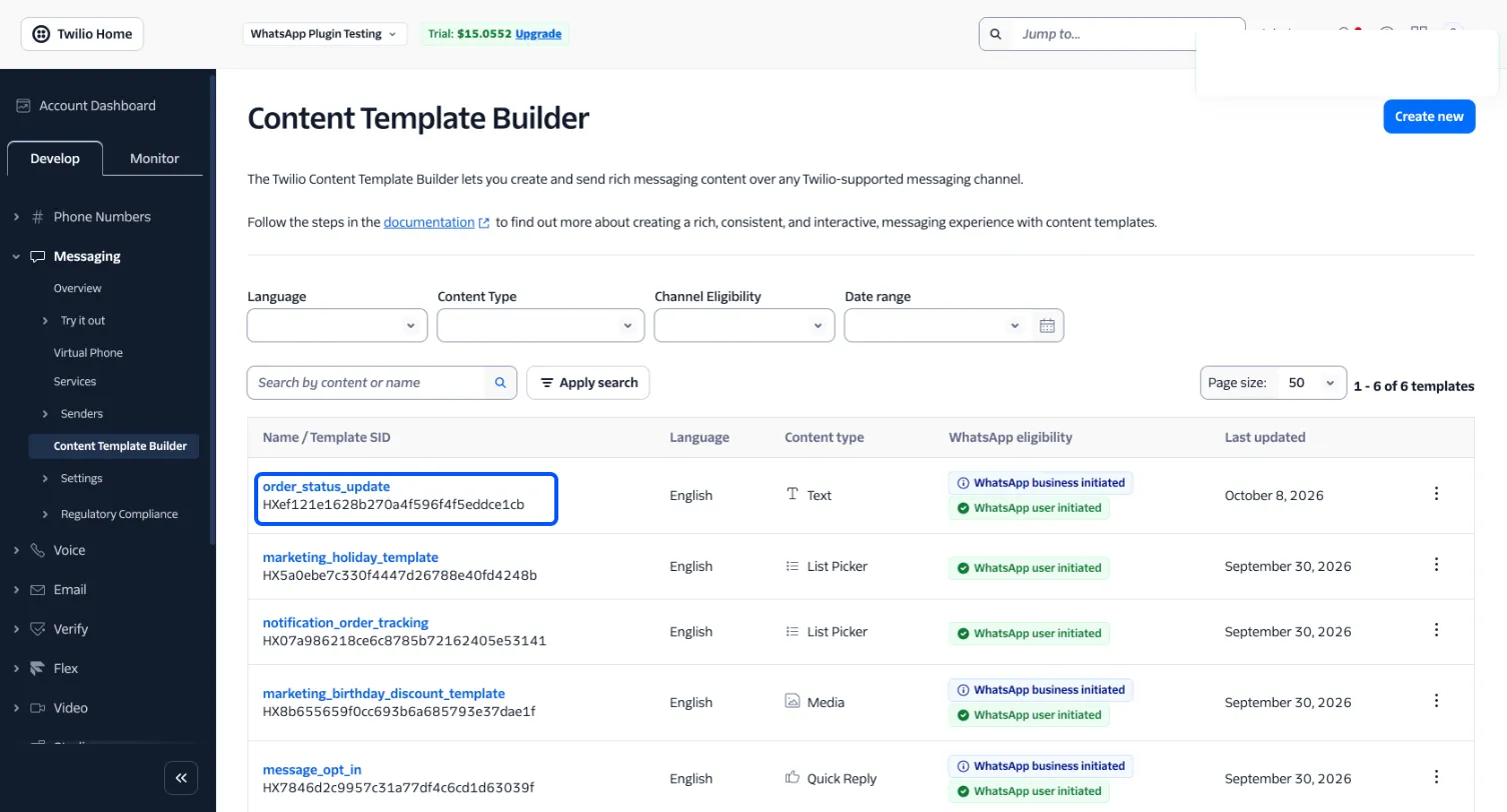 The Content Template Builder list with the new order_status_update template and its HX SID