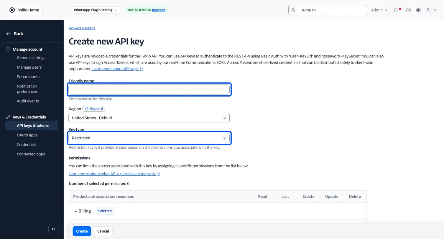 The Create new API key form with Friendly name and Key type boxed