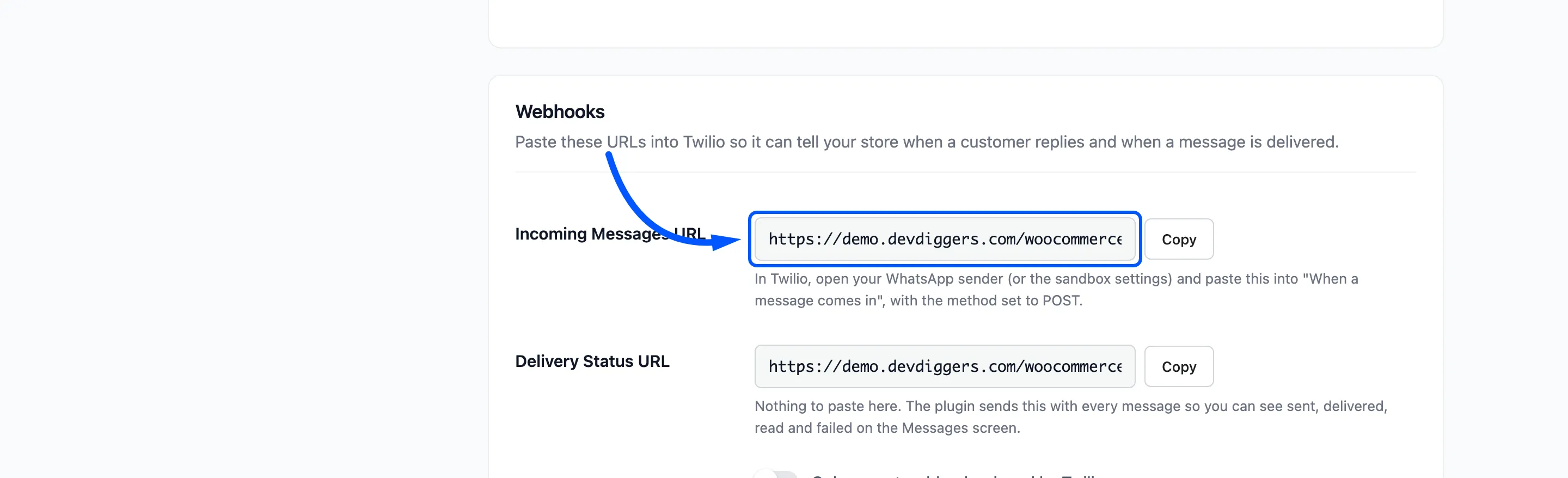 The Incoming Messages URL field boxed with its Copy button
