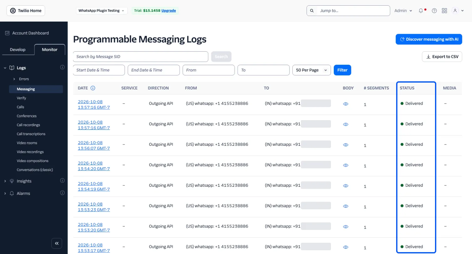 Twilio’s Programmable Messaging Logs listing the store’s WhatsApp messages as Delivered