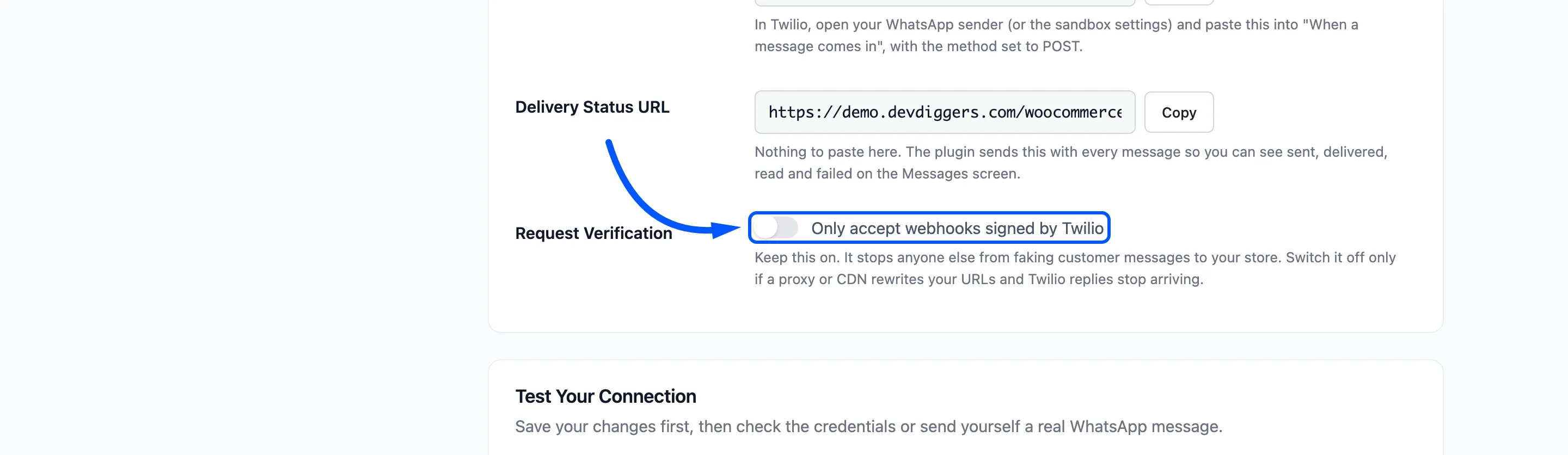 The Request Verification checkbox boxed in the Webhooks section