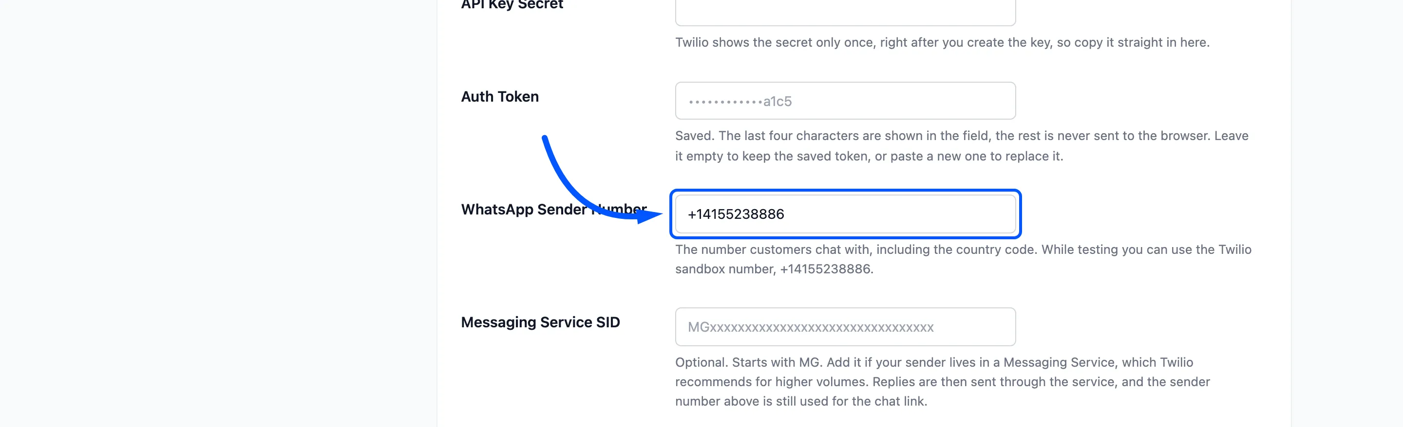 The WhatsApp Sender Number field boxed on the Twilio tab