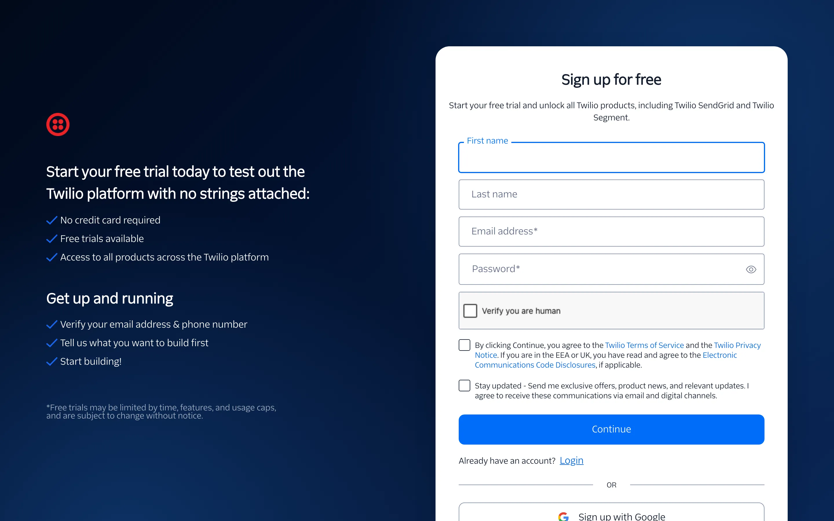 The Twilio sign up page with name, email and password fields