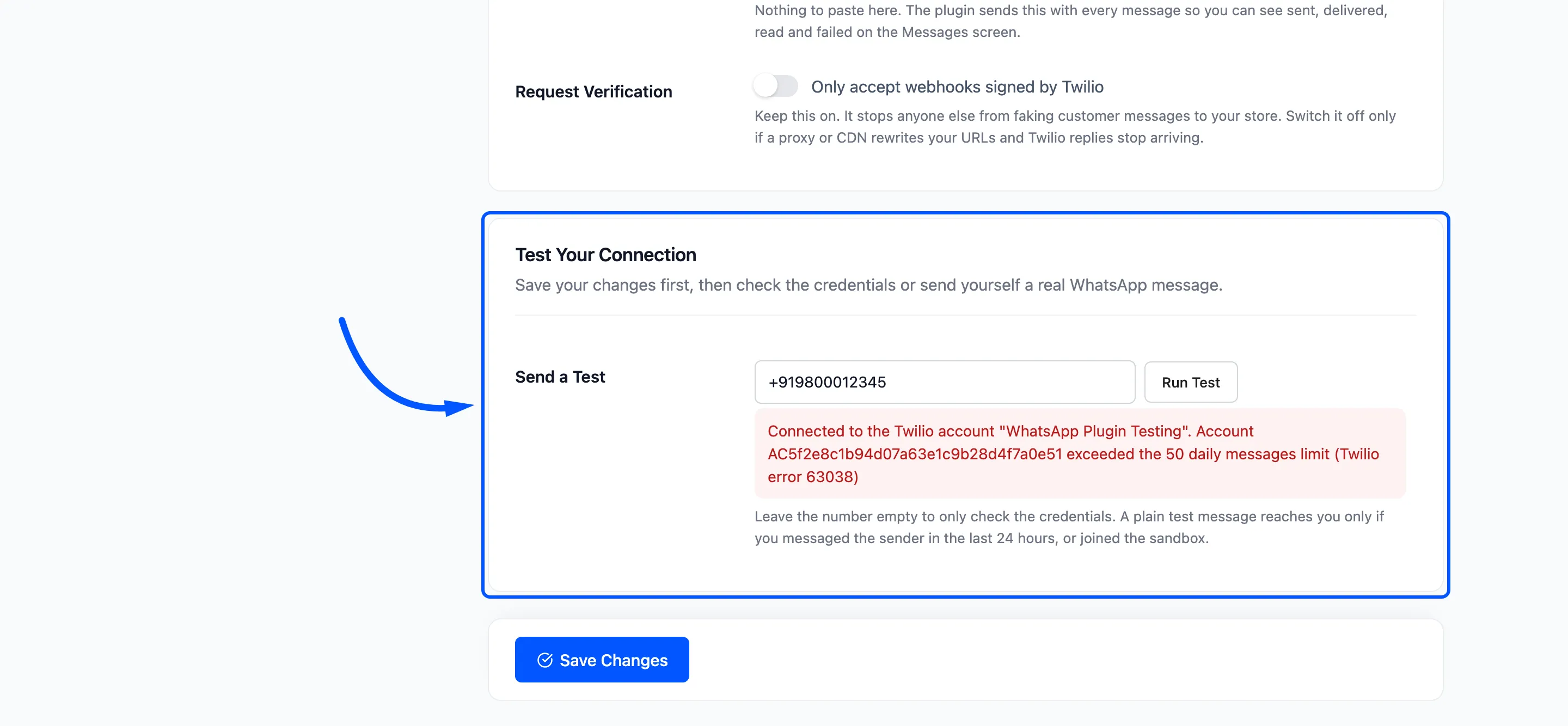 The test result after a test message was accepted by Twilio