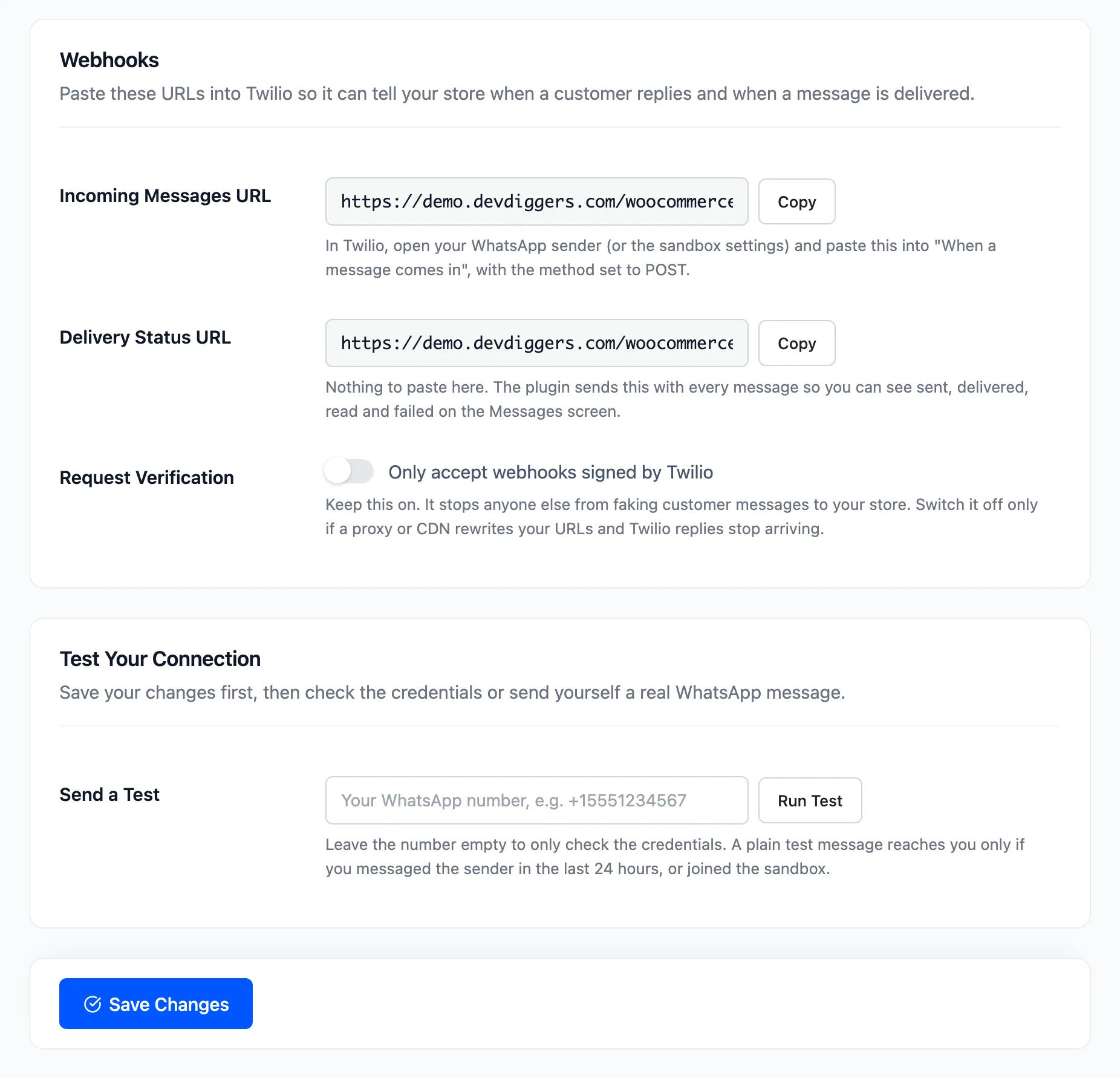 The Webhooks and Test Your Connection sections of the Twilio tab