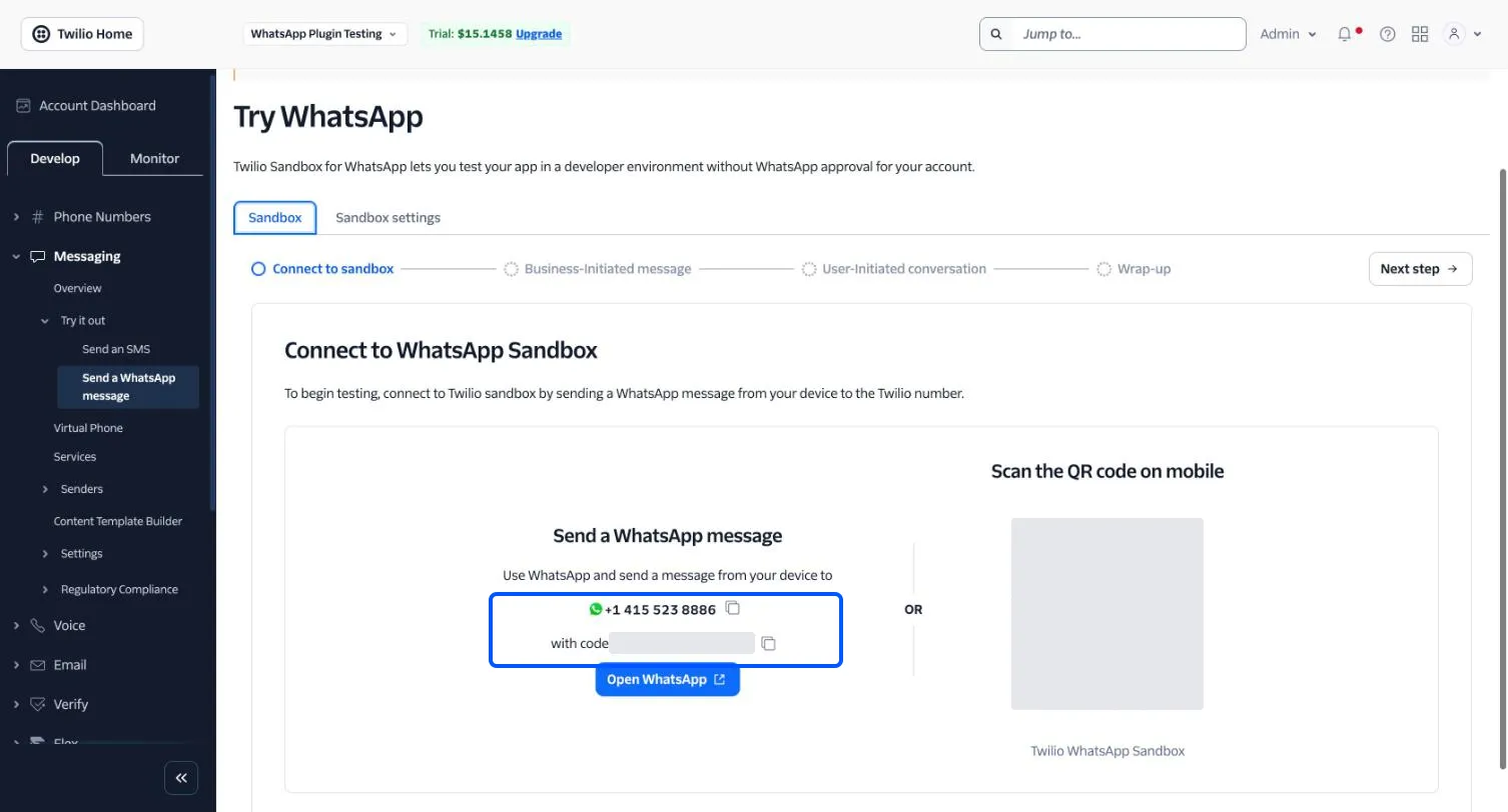 The Try WhatsApp page with the sandbox number and the join code