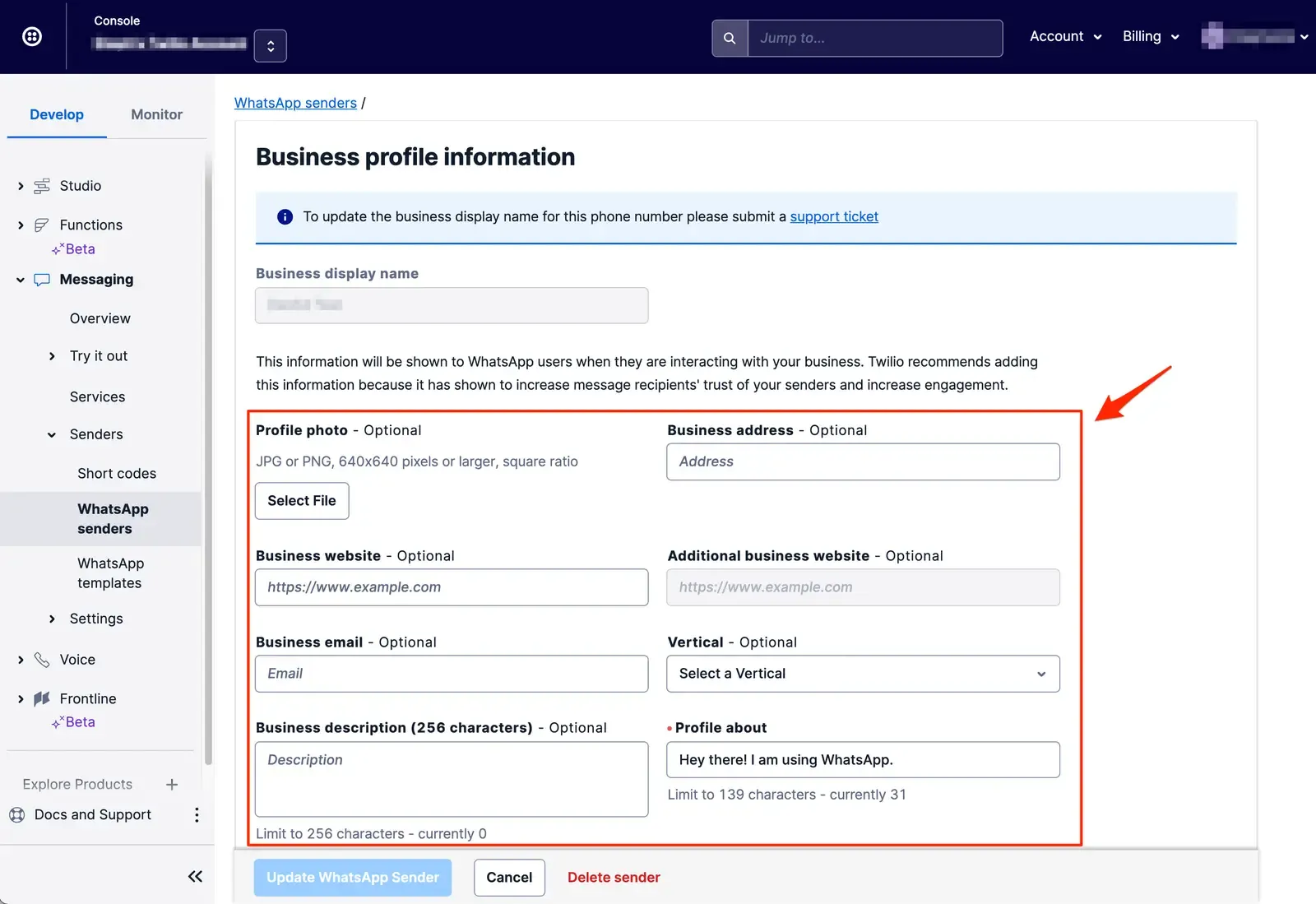 Twilio’s Business profile information form for a WhatsApp sender, with its optional fields marked