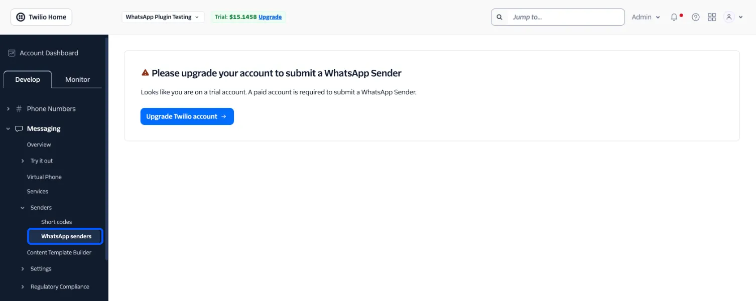 The WhatsApp senders page asking a trial account to upgrade