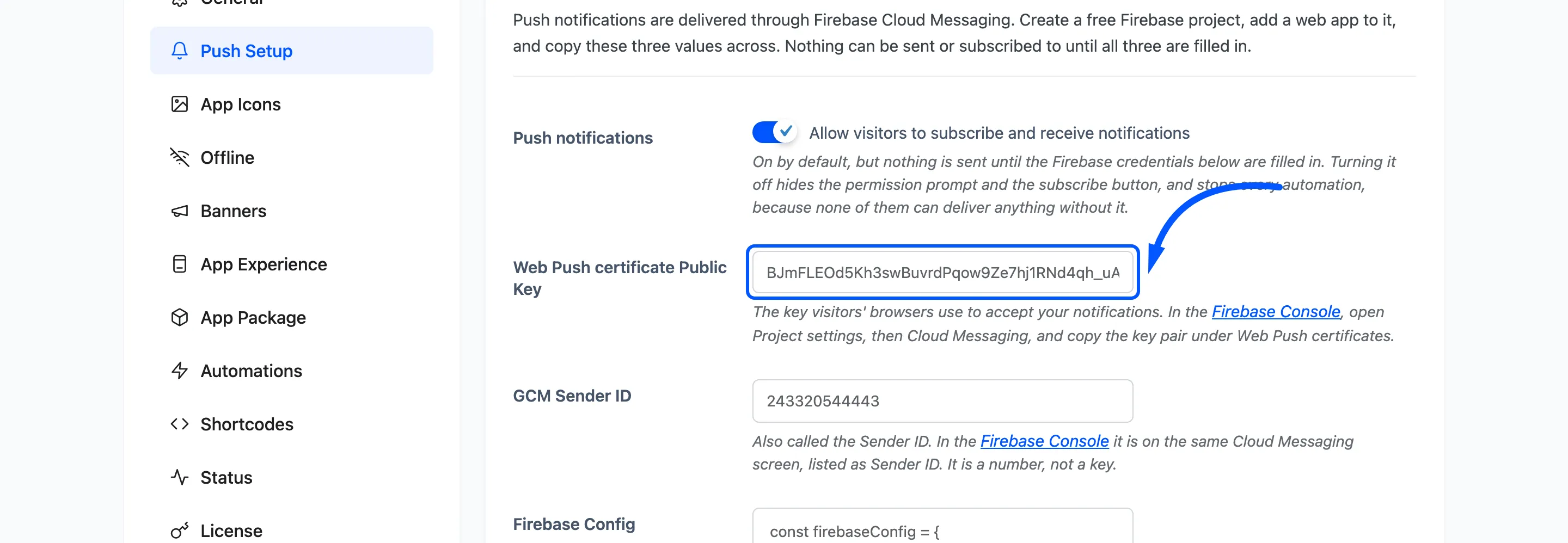 The Web Push certificate Public Key field