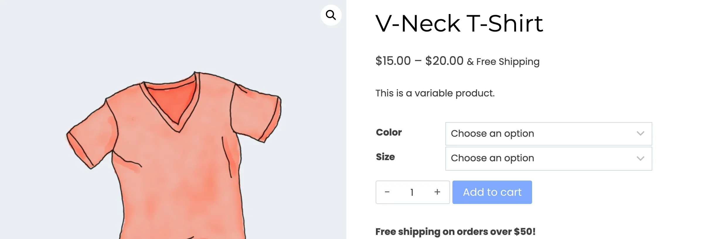 A variable product before a variation is chosen, with no pricing table