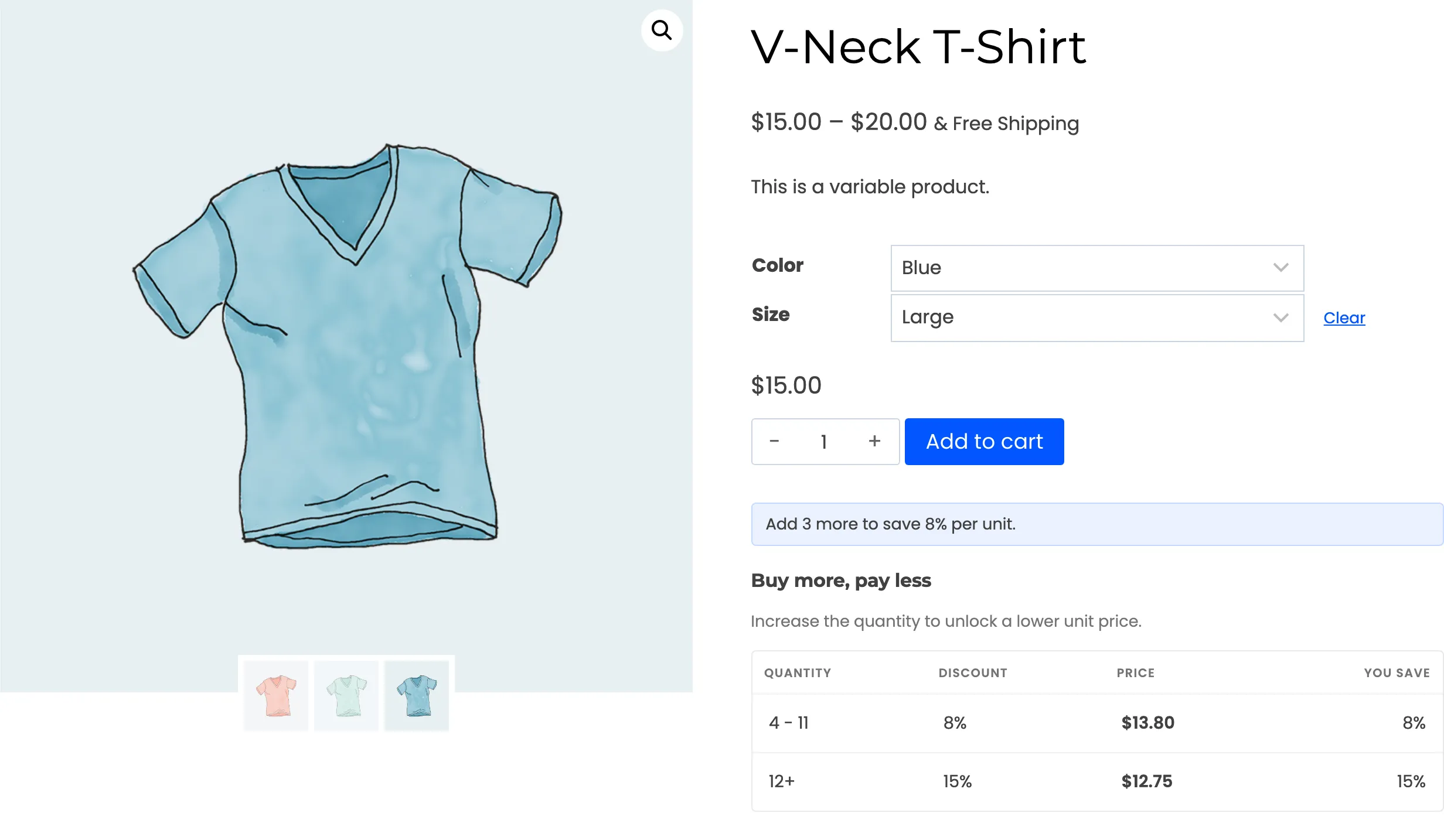 A variable product after a variation is chosen, with its pricing table