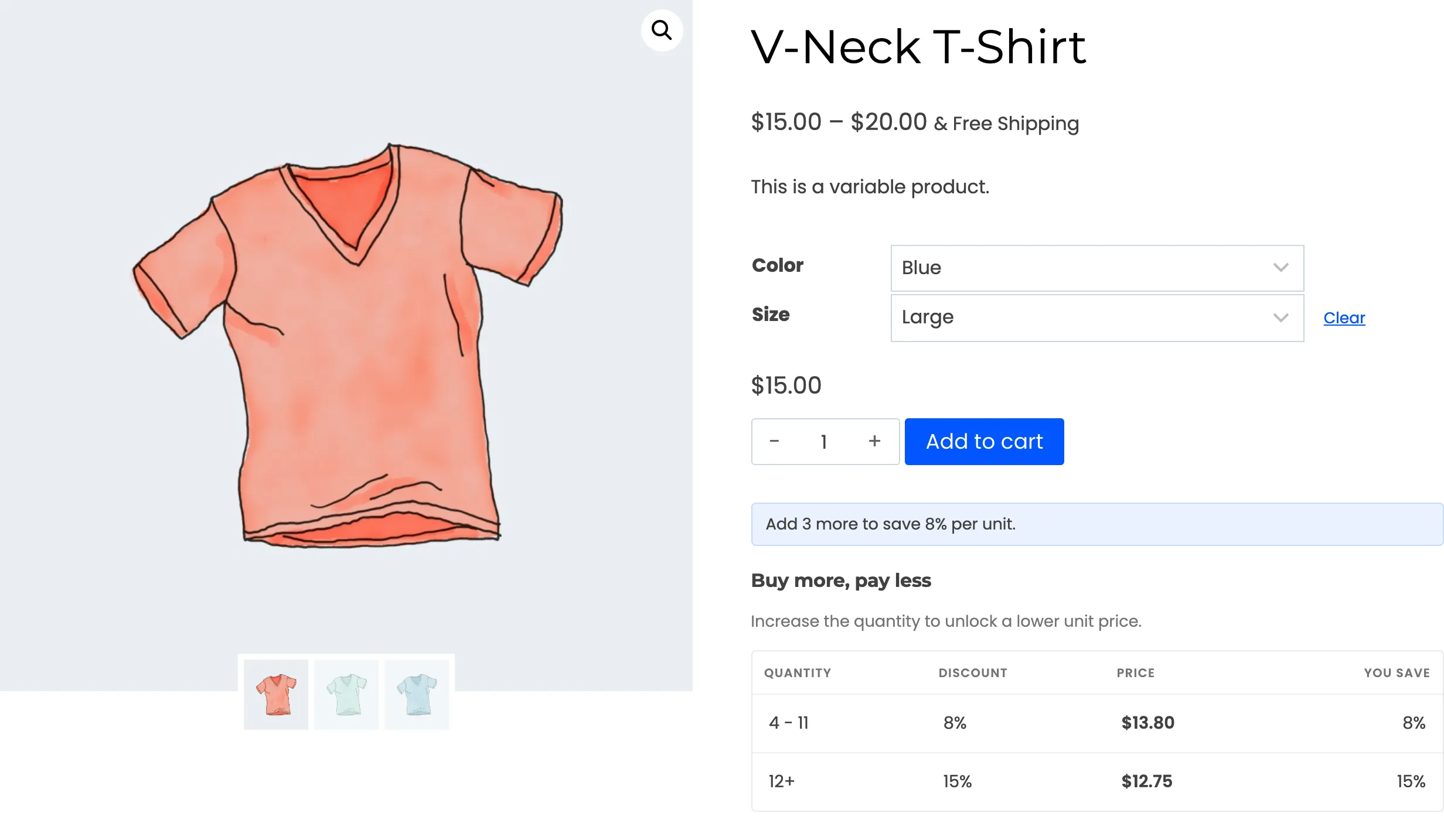 The V-Neck T-Shirt with the Blue variation chosen and its own two rows in the table