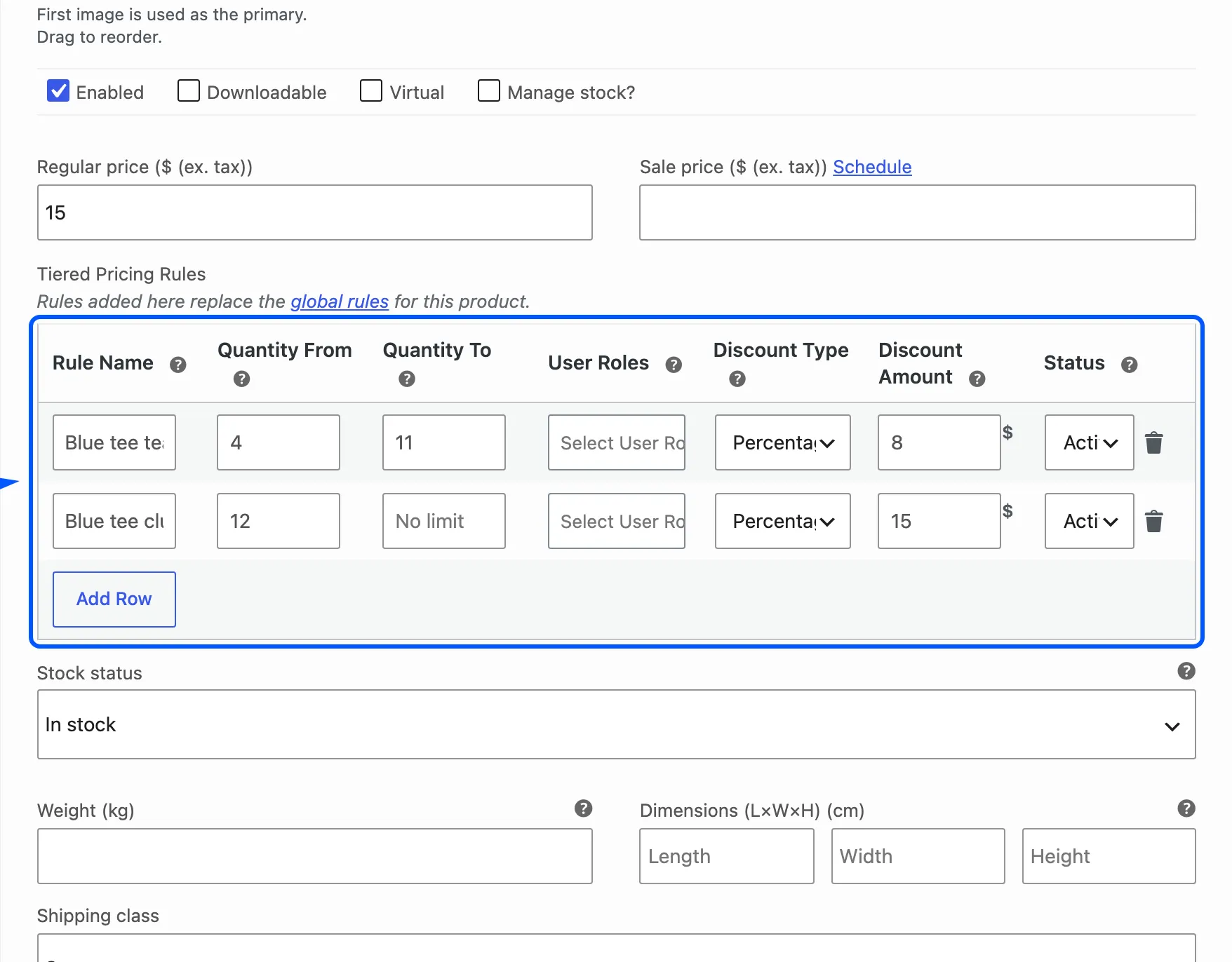 A variation panel with two rows under its price fields