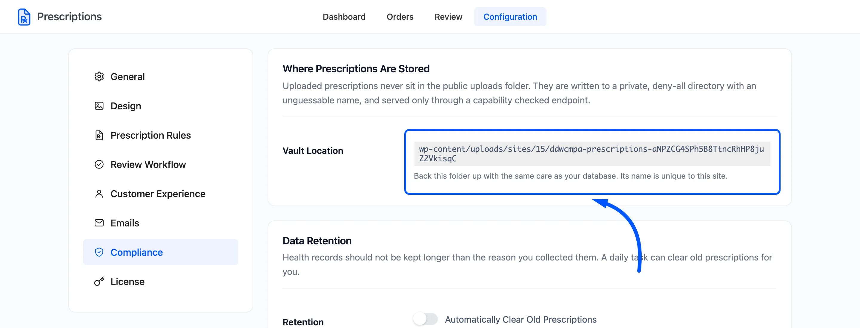 The Vault Location with the private folder’s path