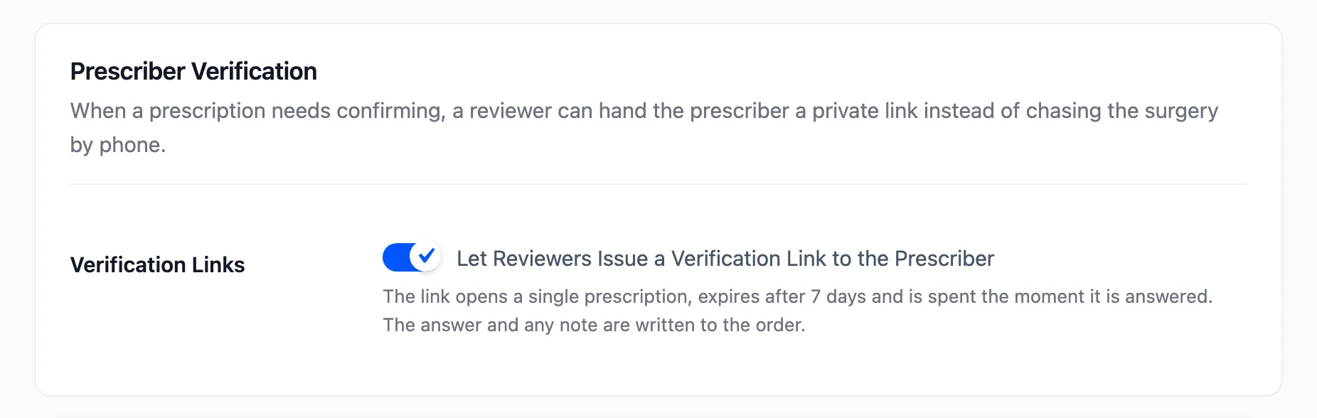 The Verification Links switch