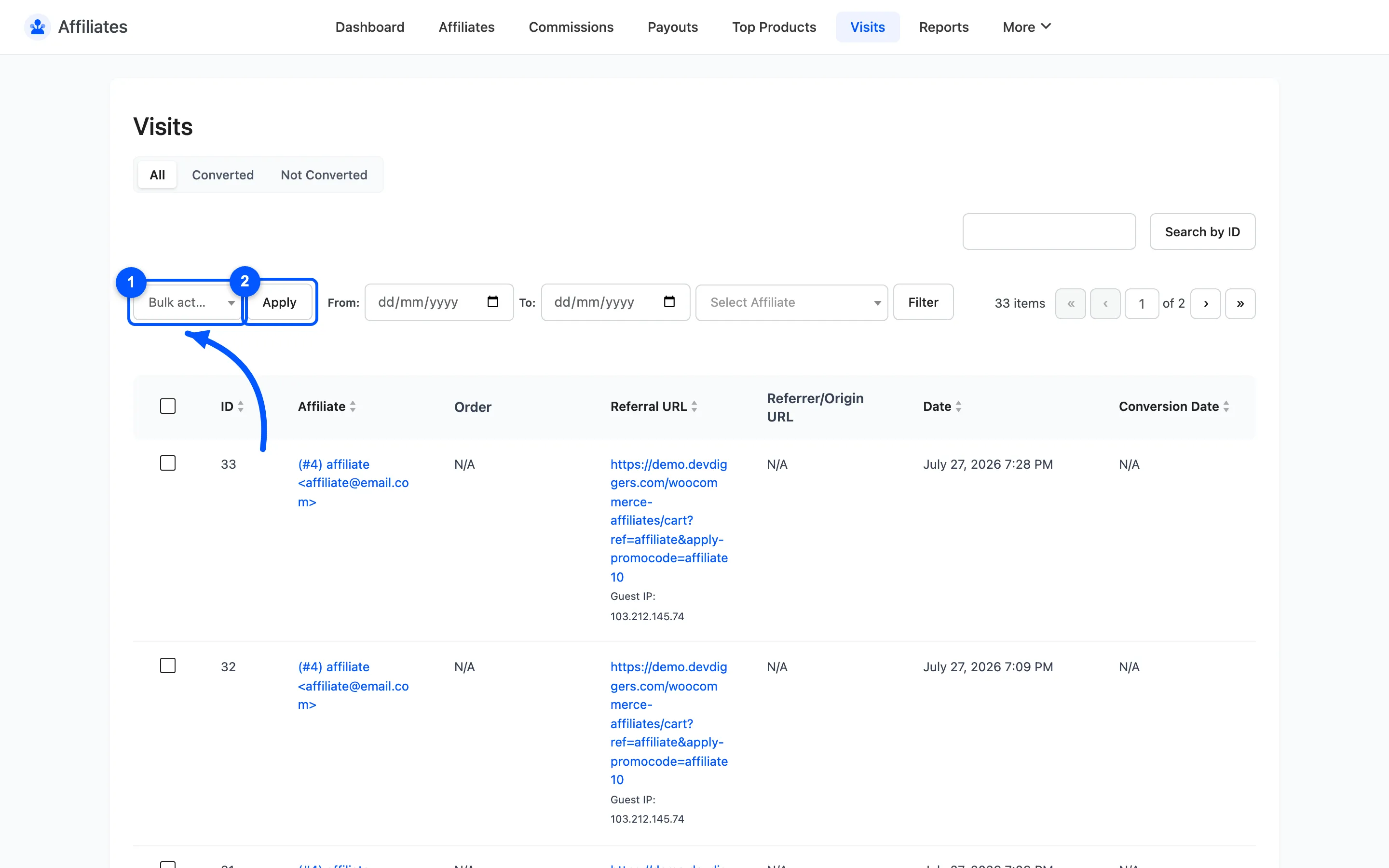 The bulk action selector above the Visits table with Delete as the only option