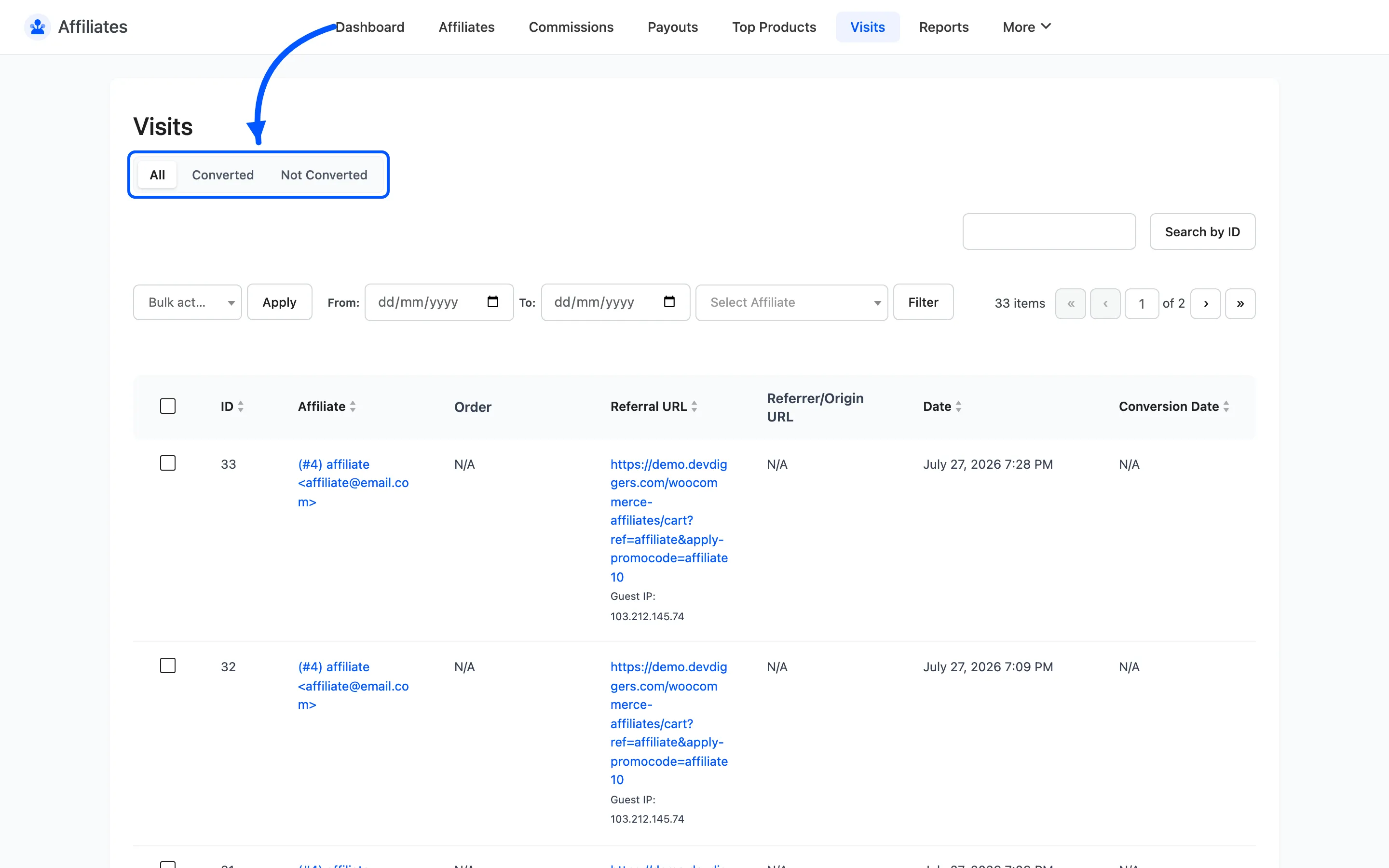 The visit conversion filter links above the Visits table