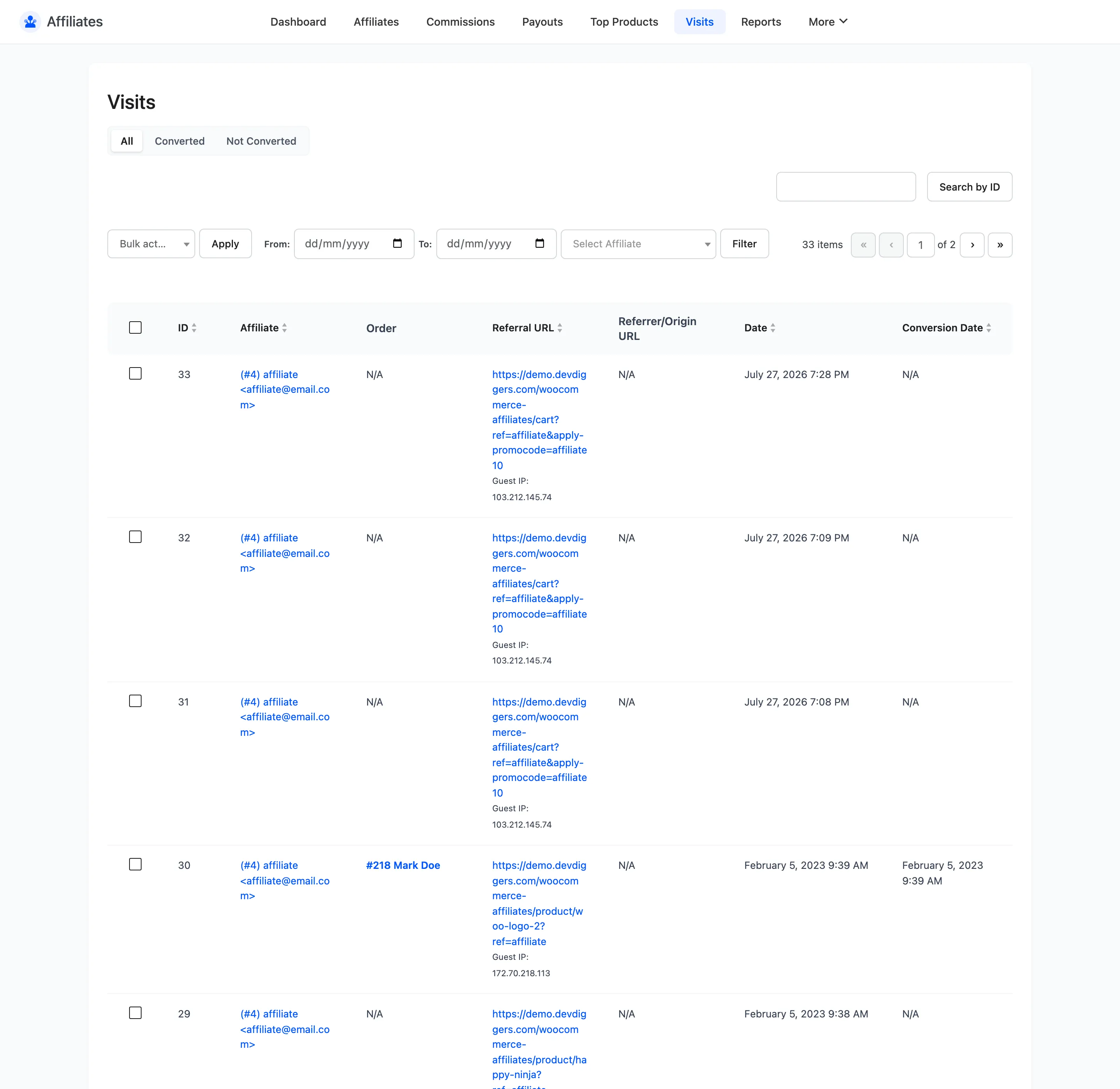 The Visits list showing referral URLs, referrer URLs, dates and conversion dates