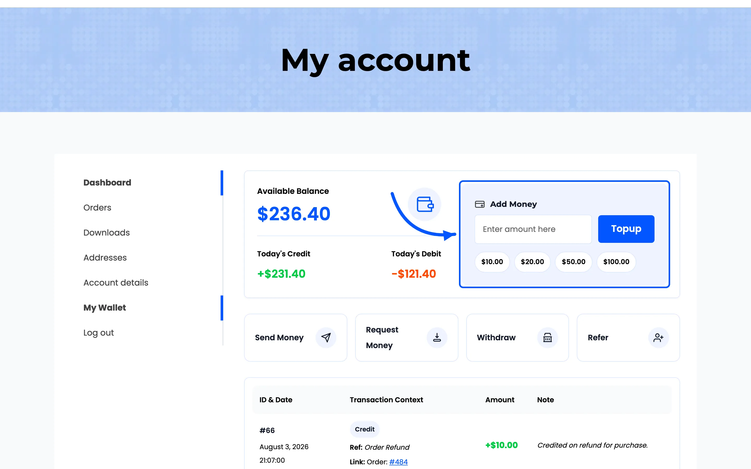 The Add Money box on the My Wallet page with the amount field and preset buttons