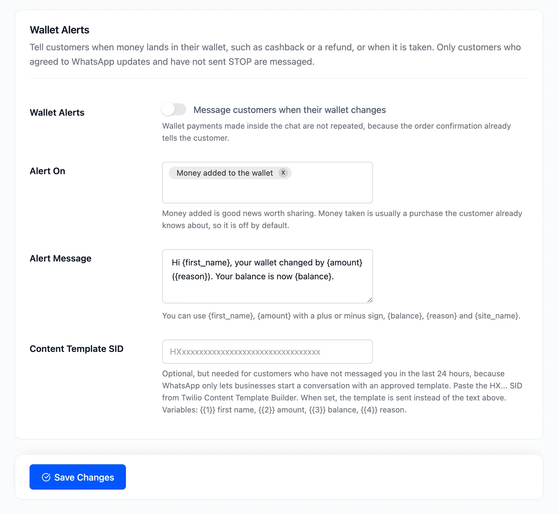 The Wallet Alerts section of the Wallet tab