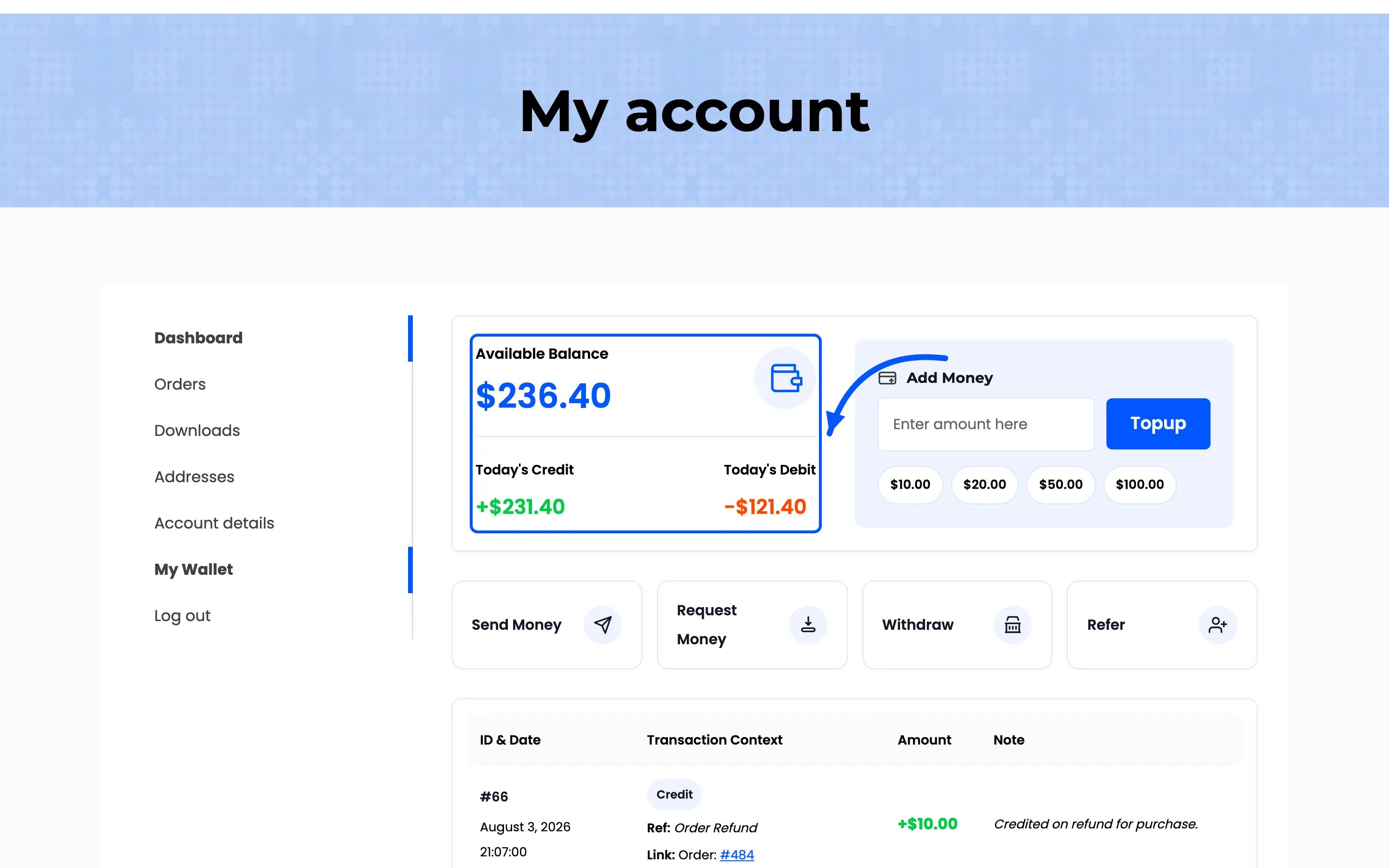 The balance card on the wallet page