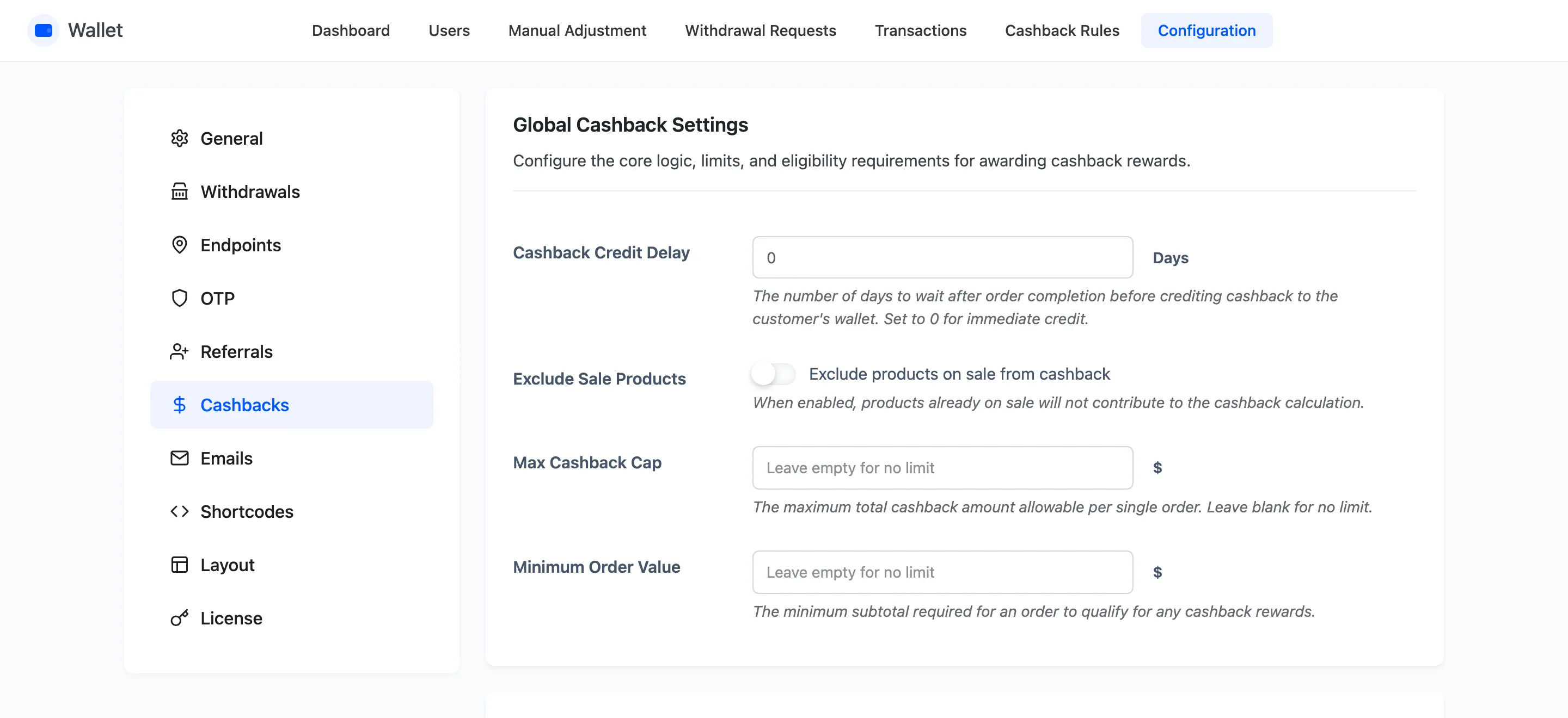 The Global Cashback Settings section