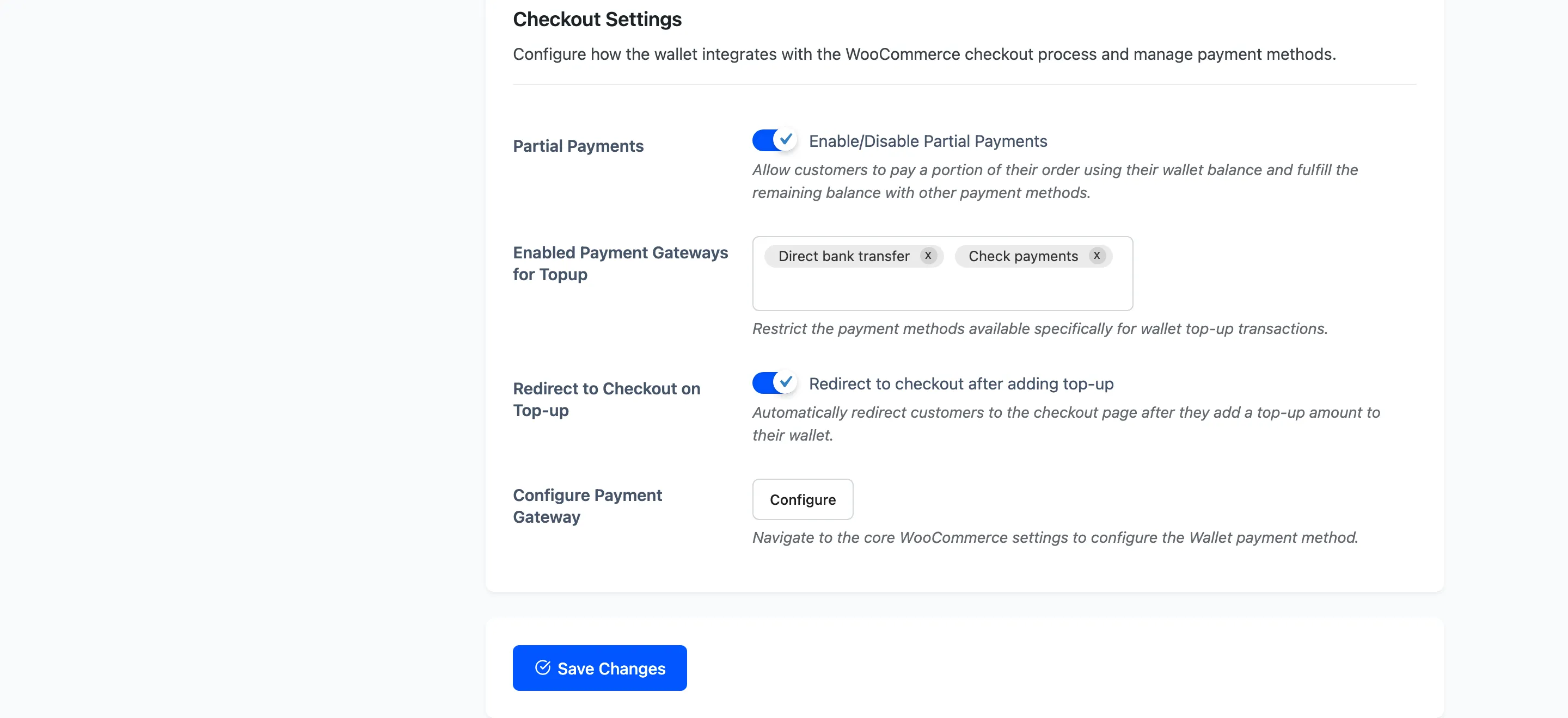 The Checkout Settings section of the wallet general tab