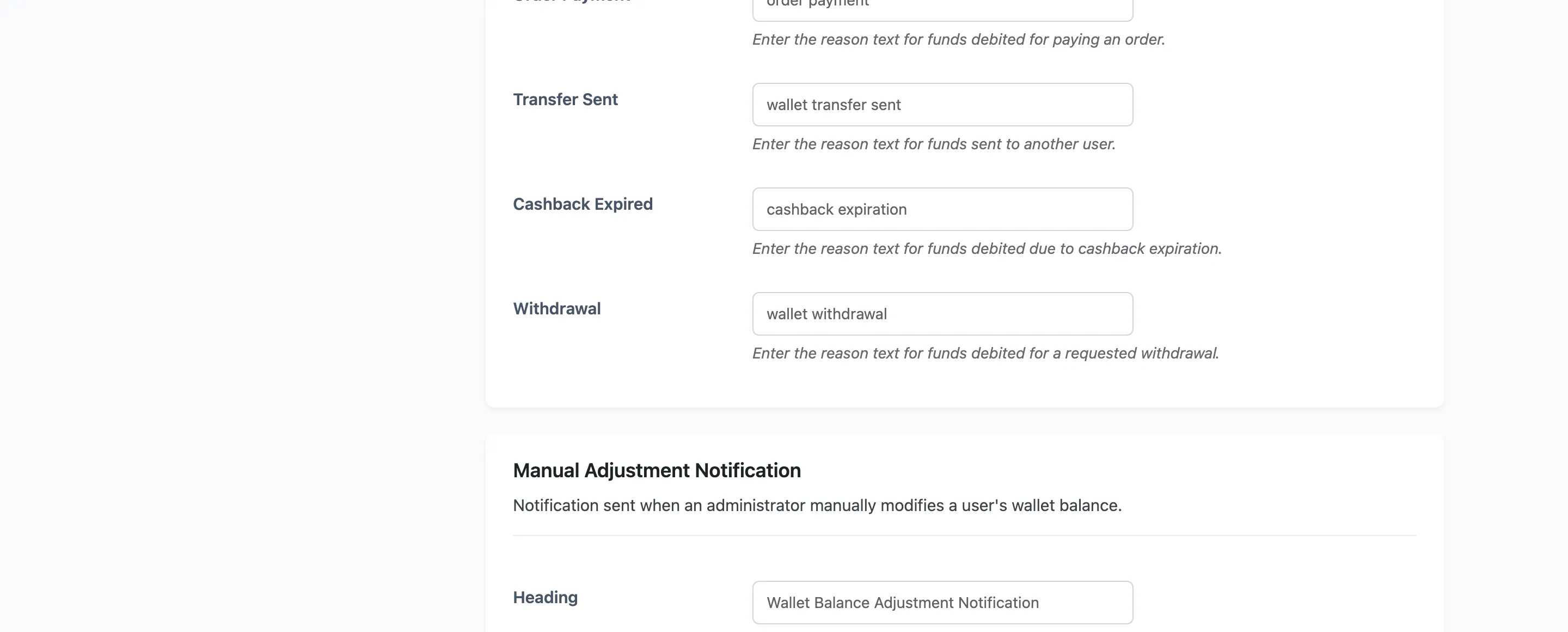 The Debit Reason Labels section