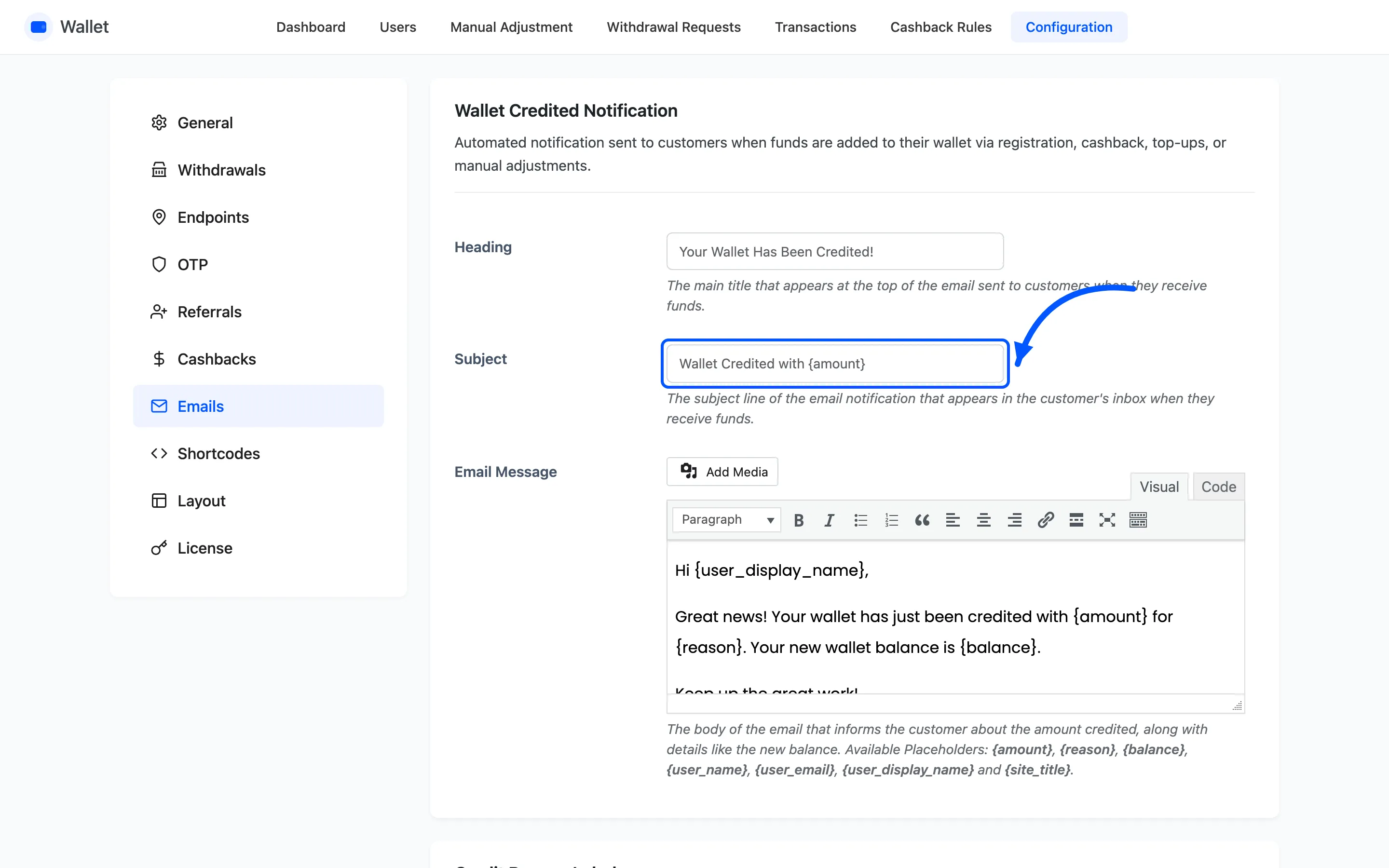 The subject field of the wallet credited notification