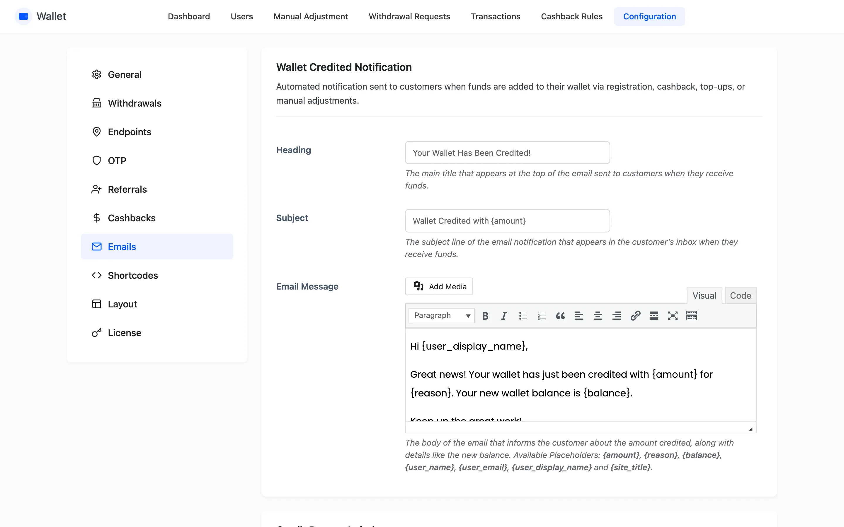 The Emails tab with the wallet credited notification fields