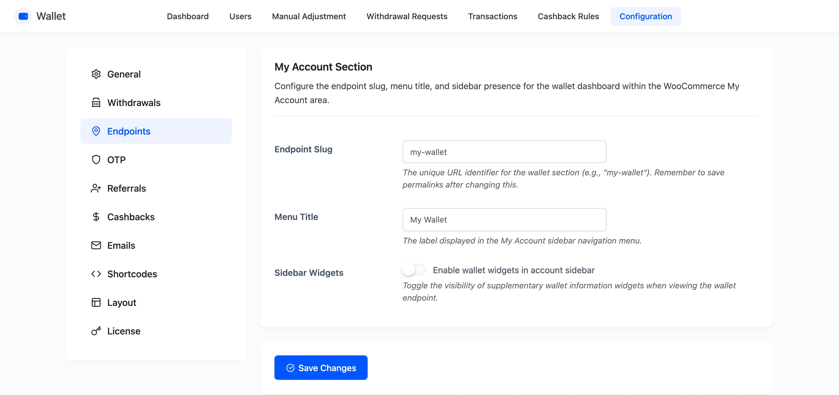 The Endpoints tab with the slug, menu title and sidebar widget fields