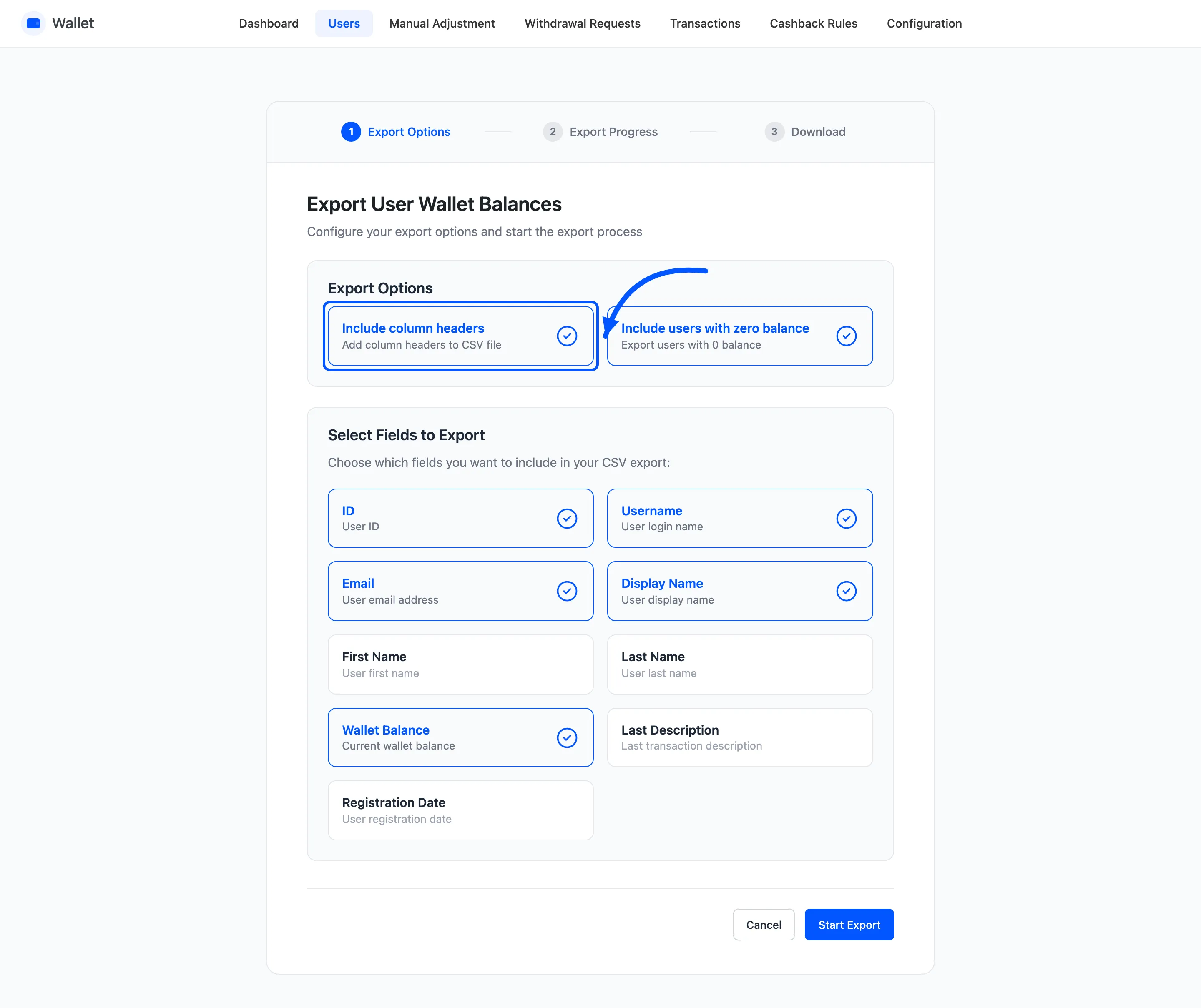 The export field picker