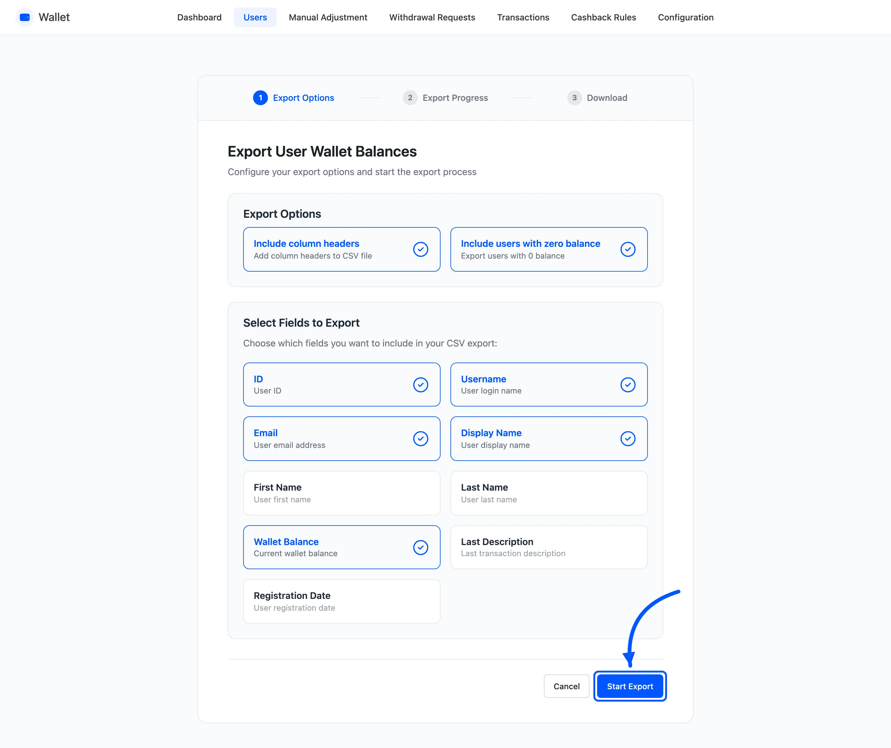 The Start Export button