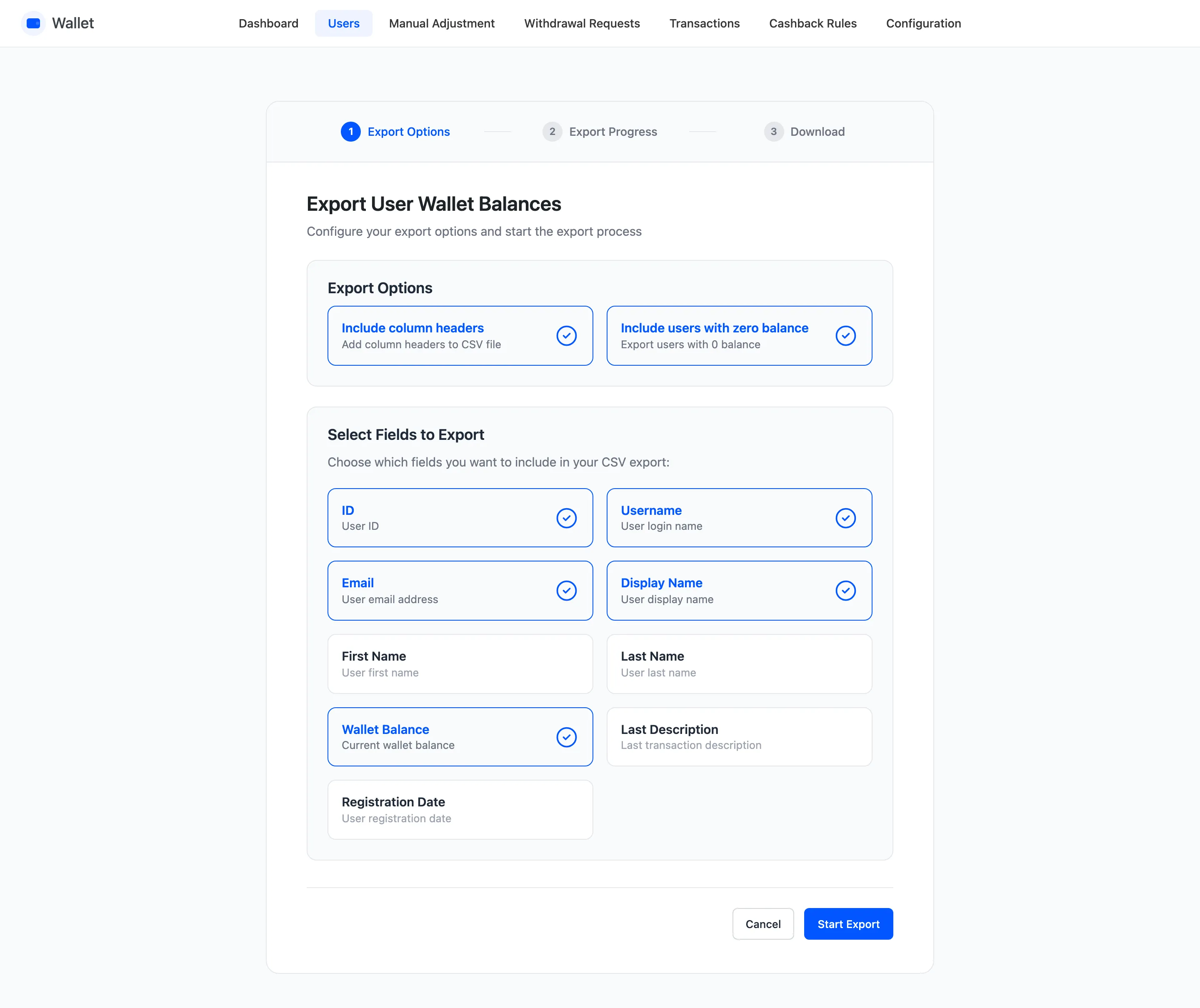 The export wizard with its options and field picker