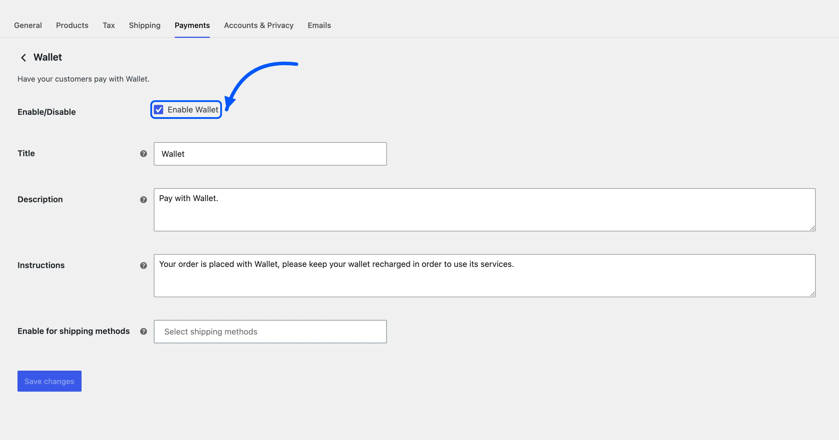The Enable Wallet checkbox