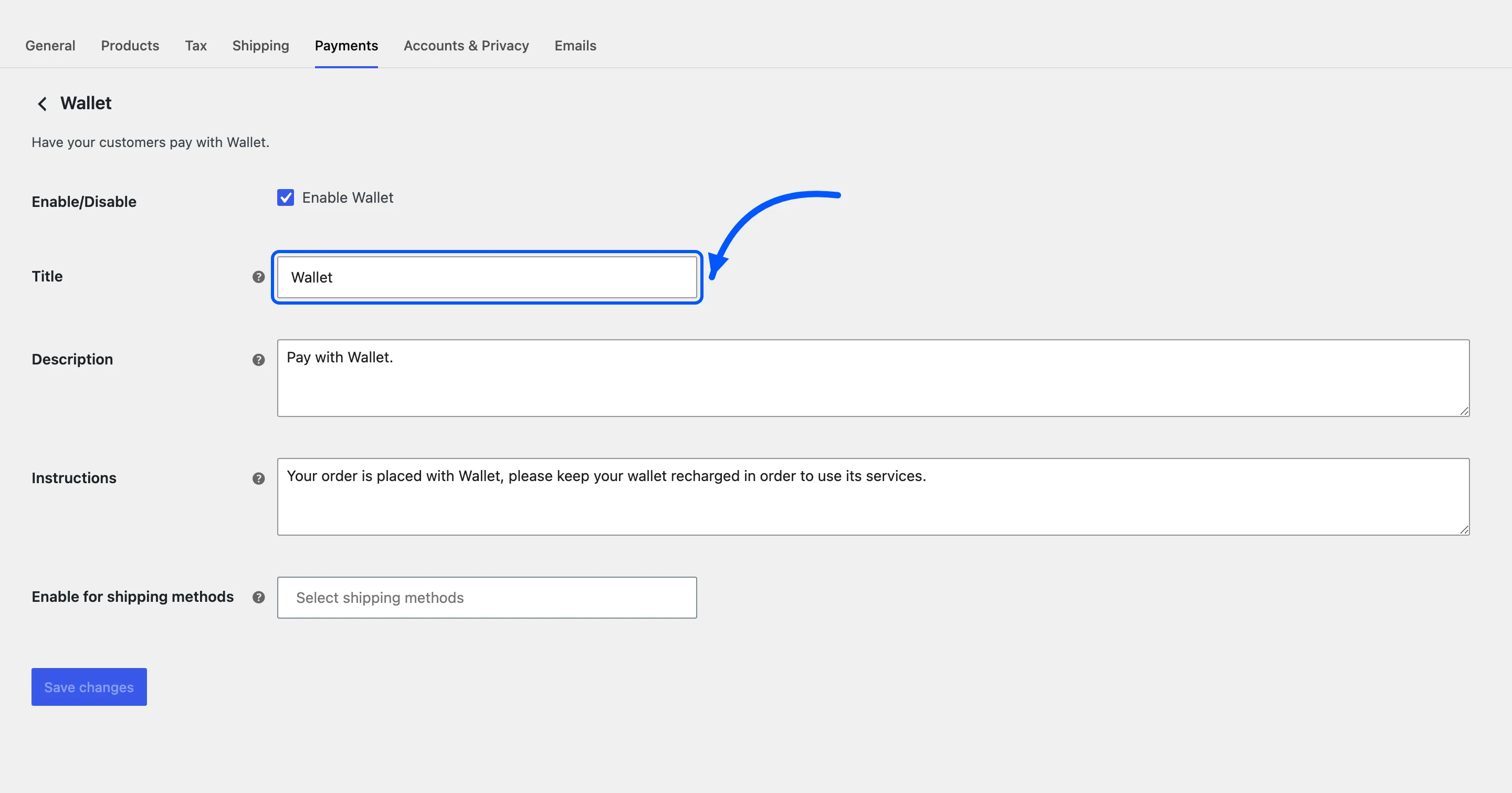 The Title field on the Wallet payment method