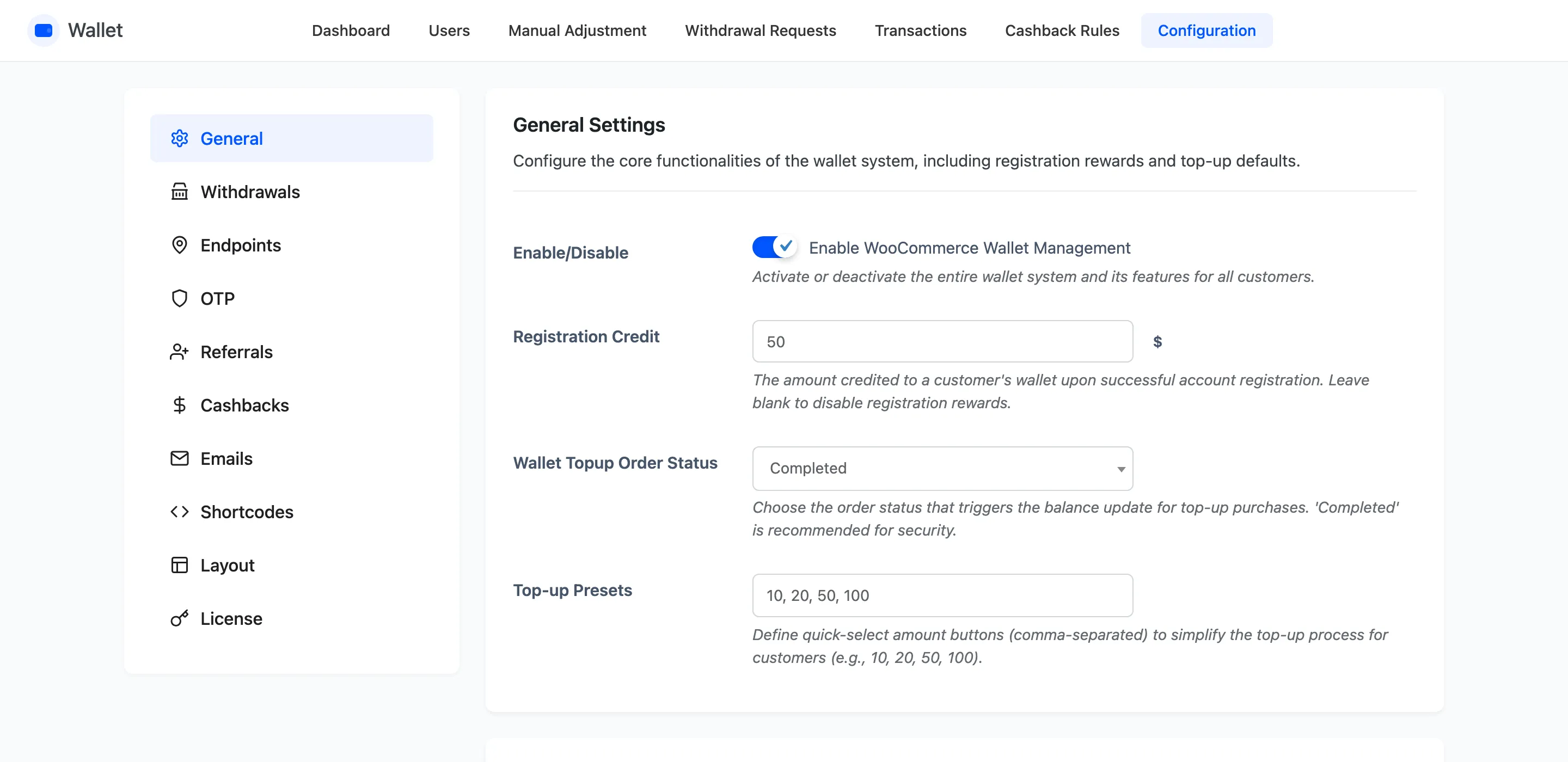 The General Settings section of the wallet general tab