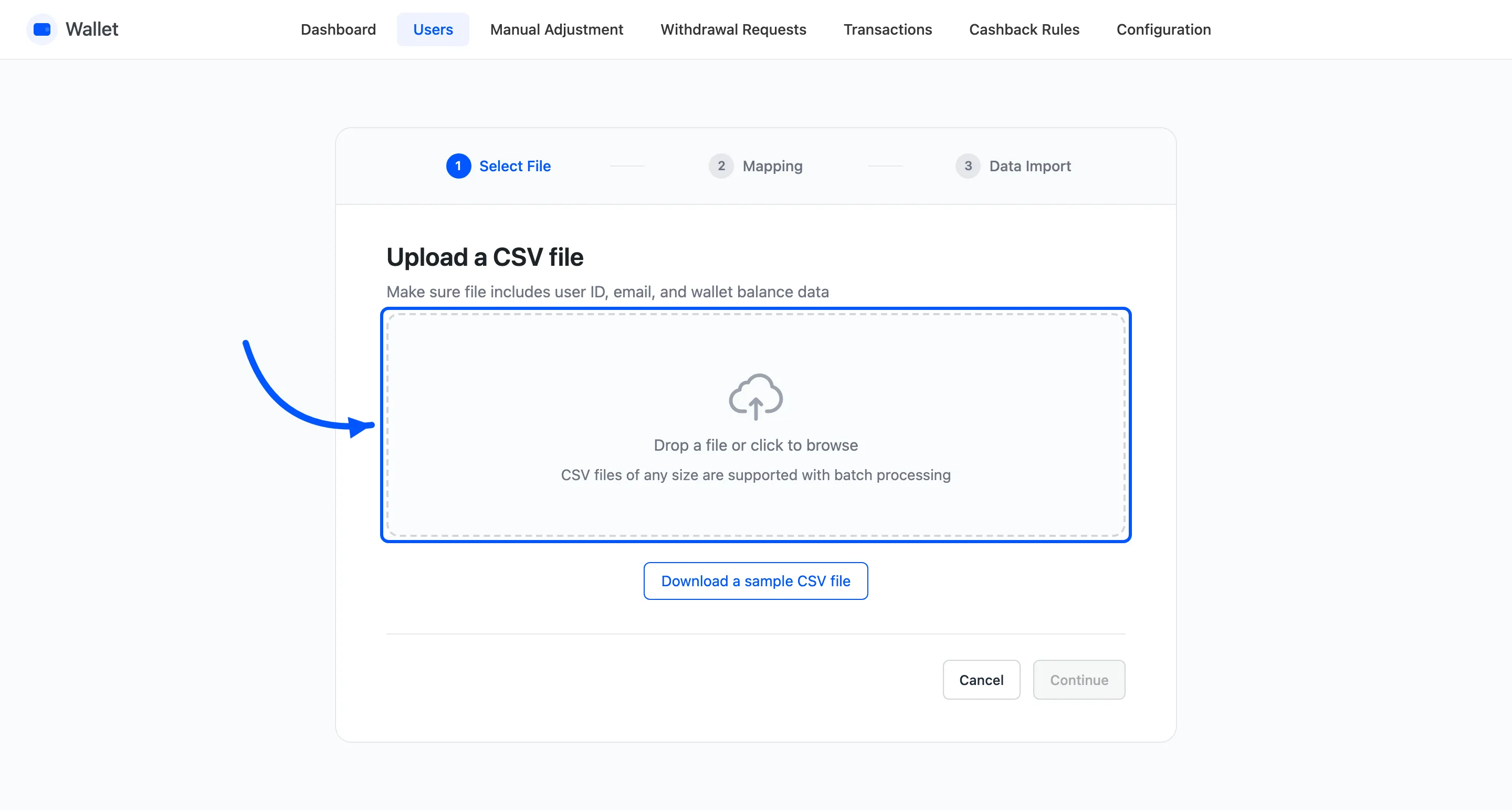 The CSV upload area
