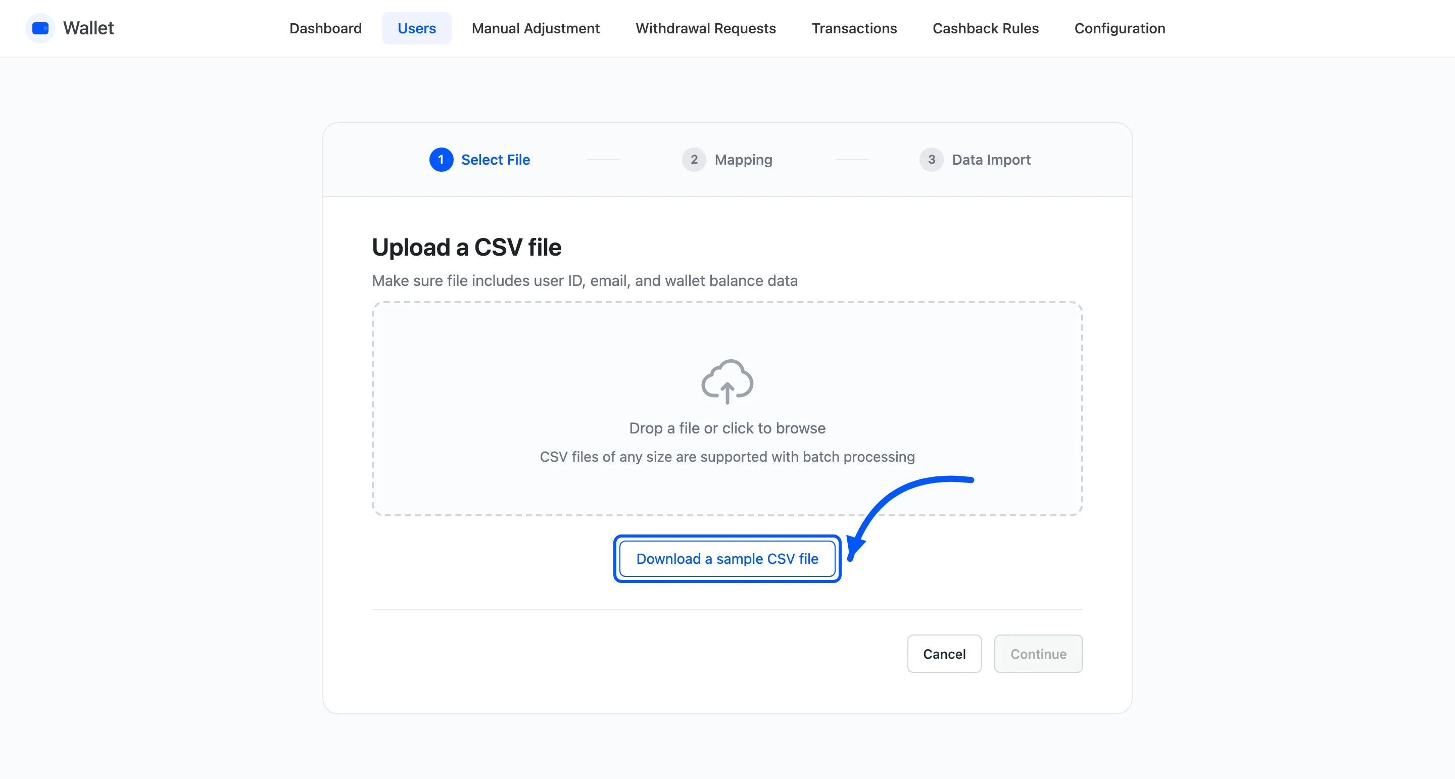 The sample CSV download link