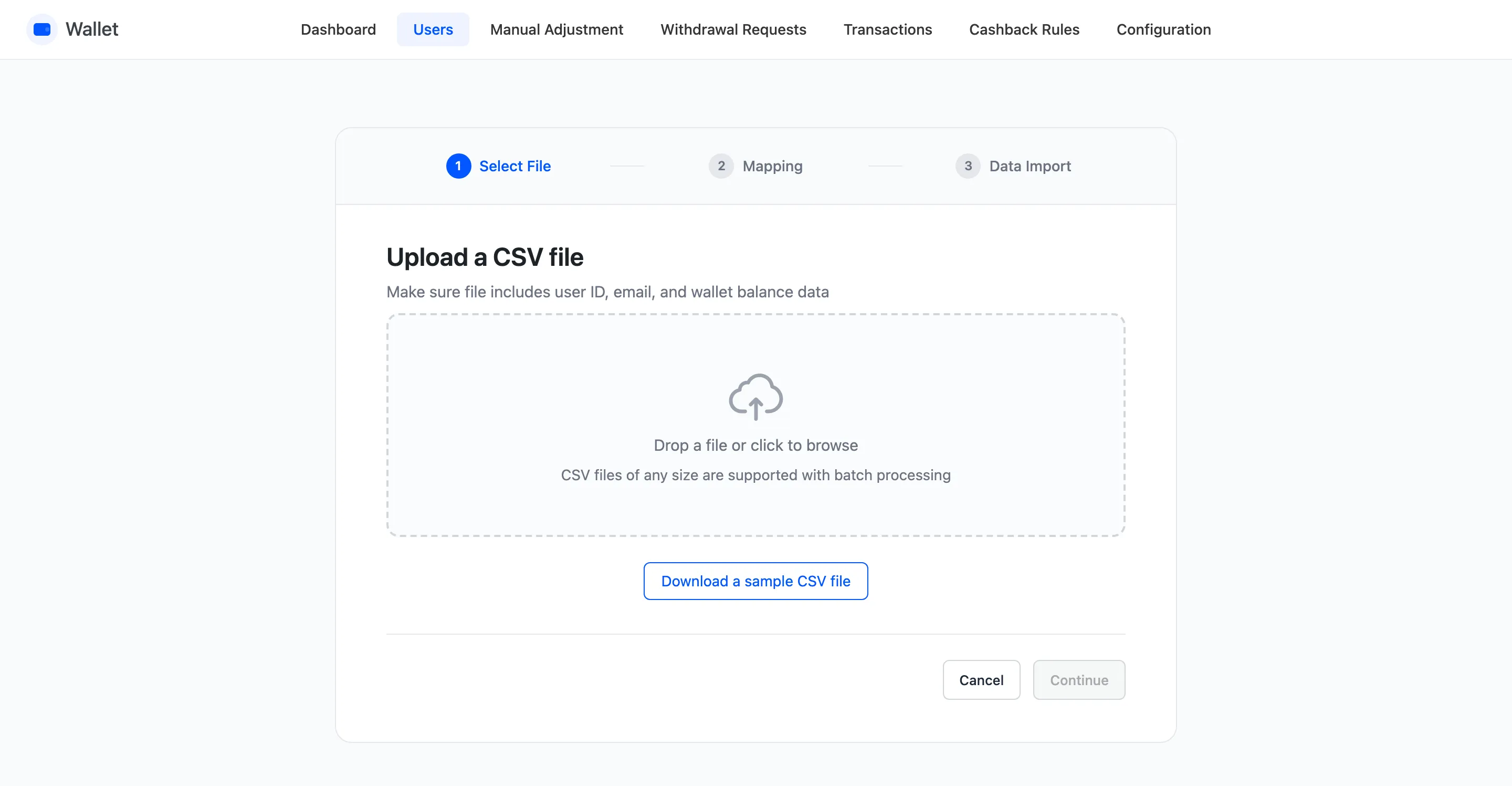 The import wizard on its upload step