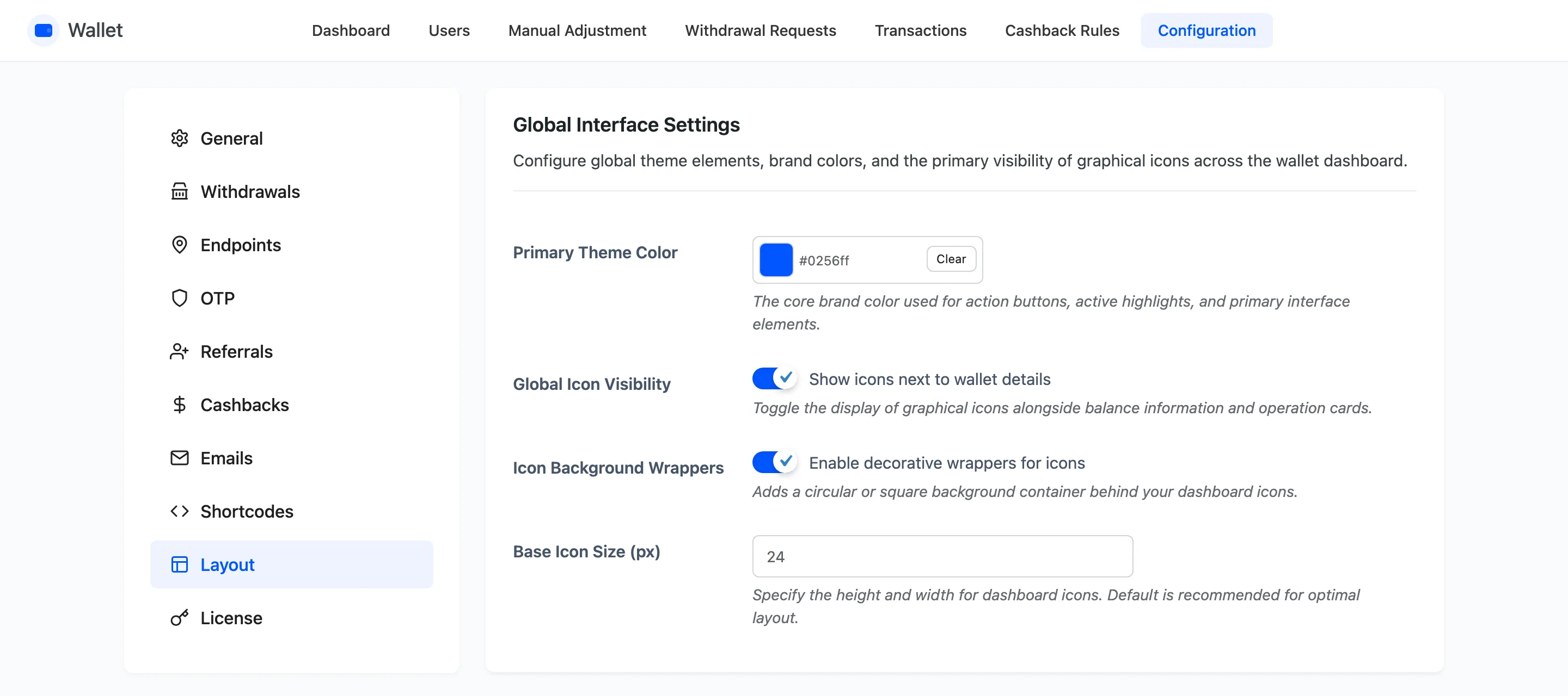 The Global Interface Settings section of the layout tab