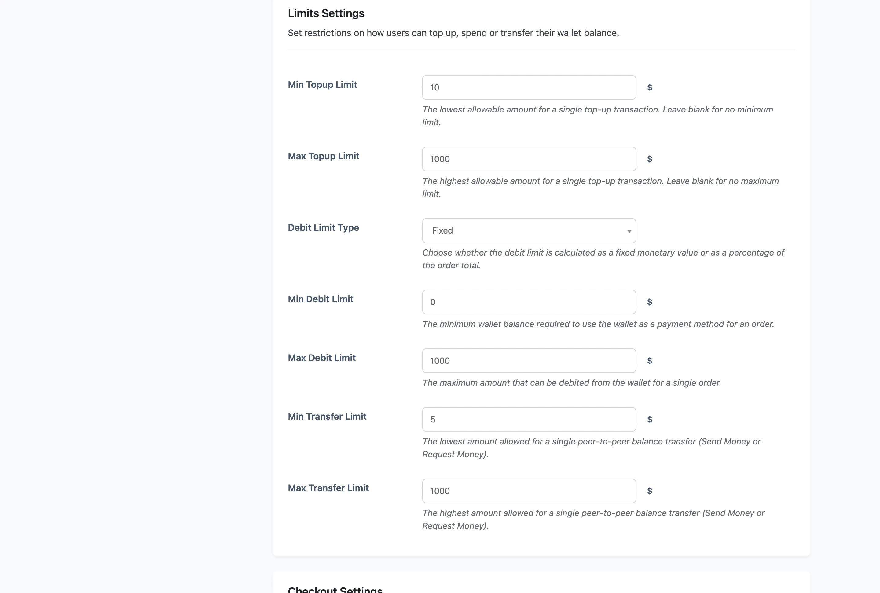 The Limits Settings section of the wallet general tab
