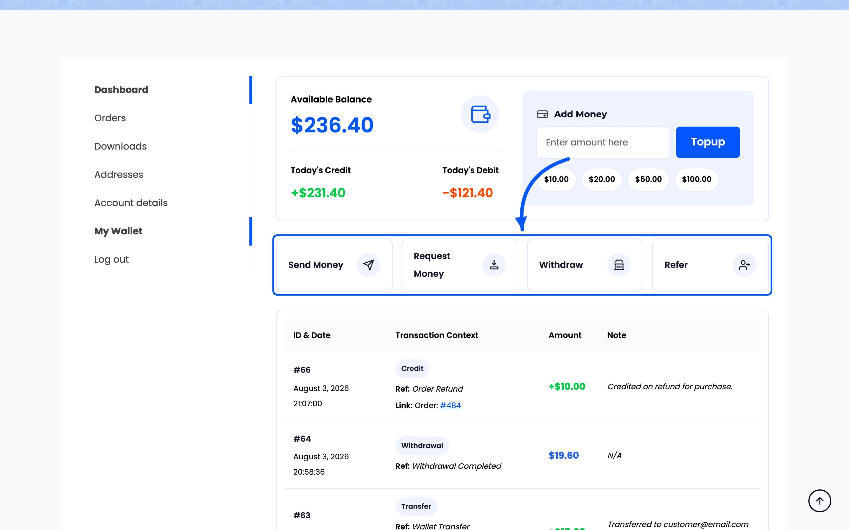 The Send Money, Request Money, Withdraw and Refer buttons